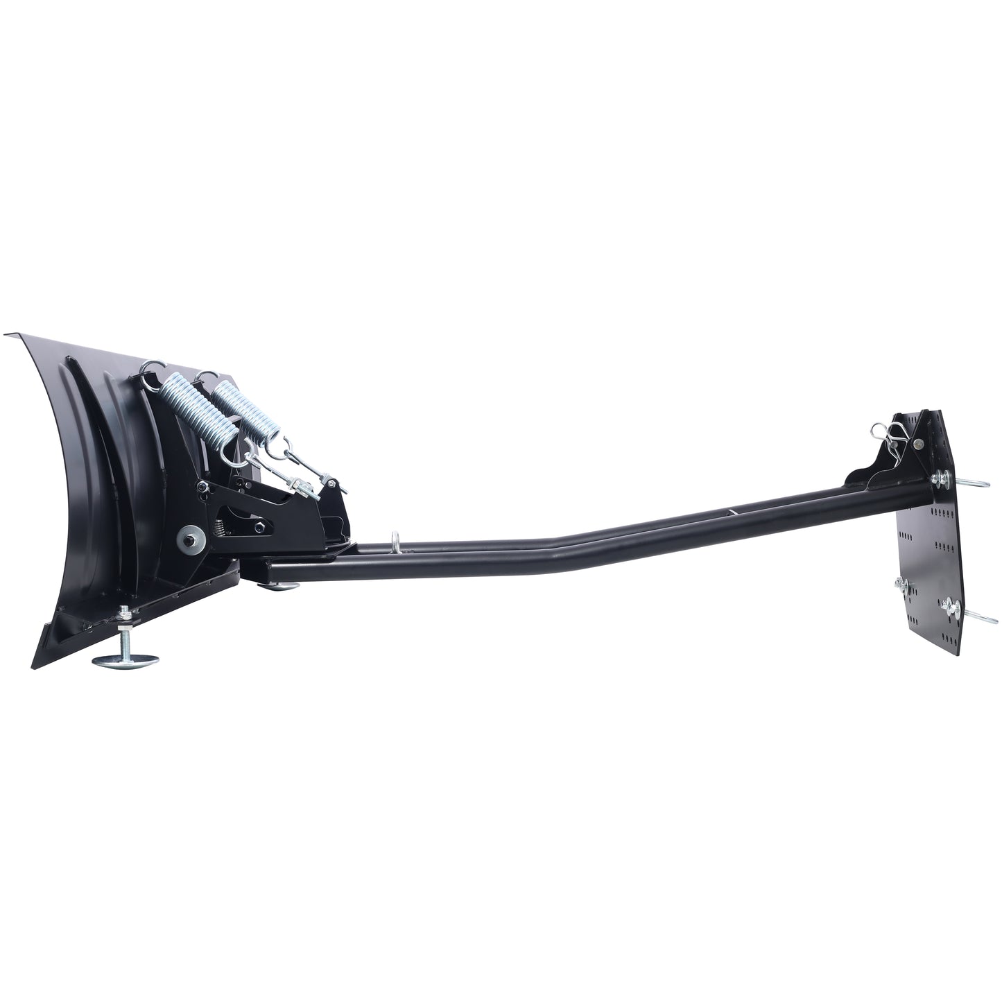 Black steel snow plow blade with adjustable height skids for tractor attachment