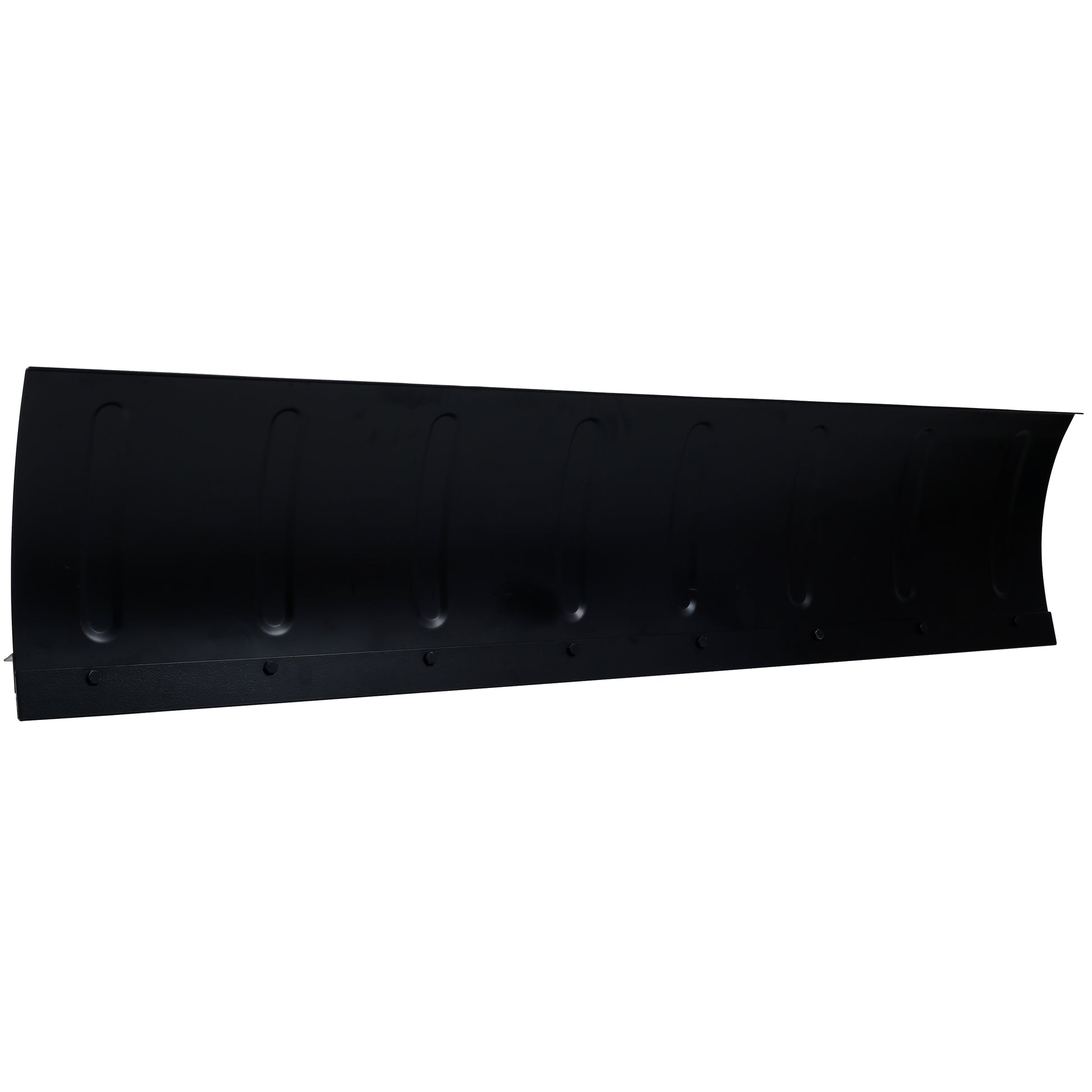 Black metal snow plow blade with reinforced edge and mounting holes