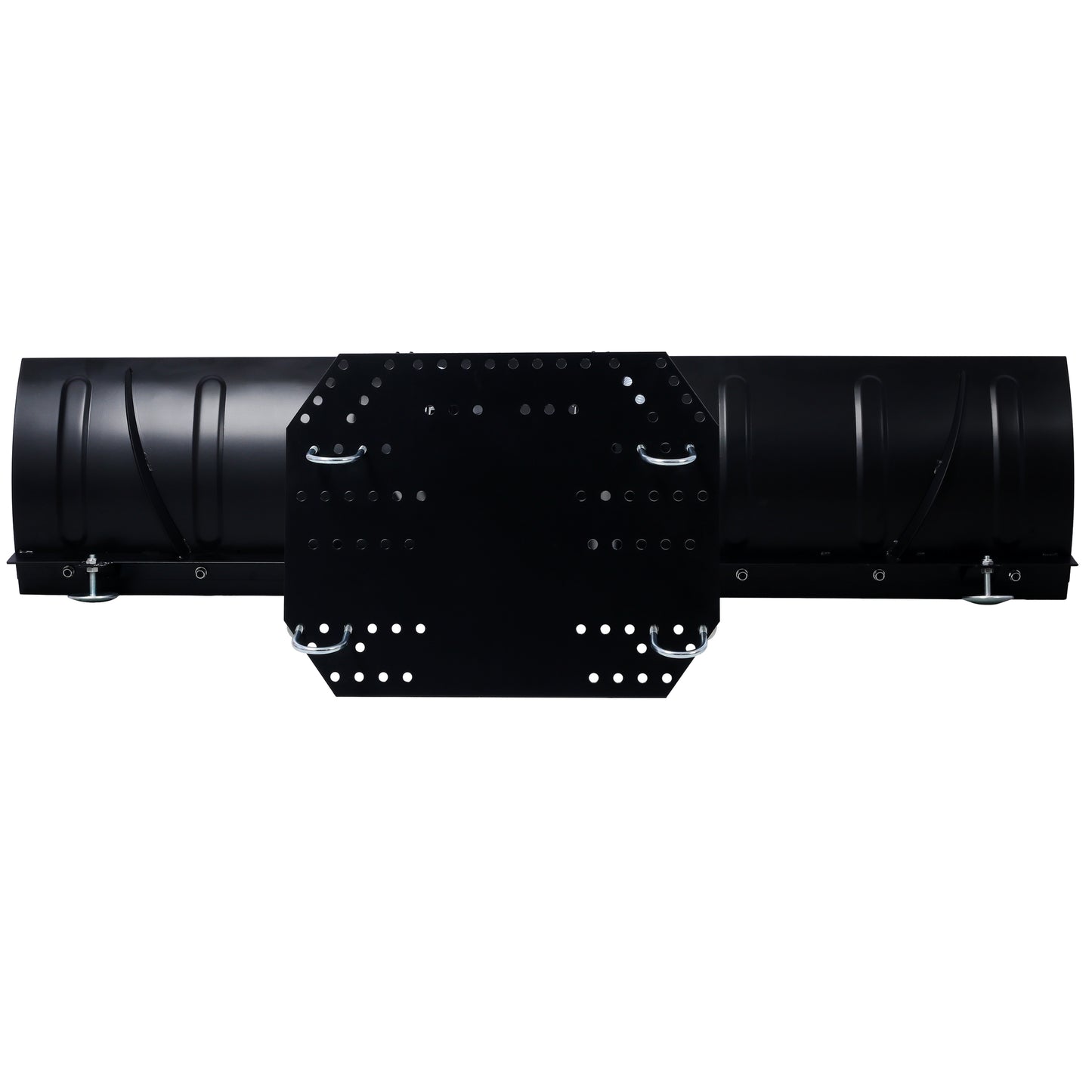 Heavyduty black metal snow plow blade with integrated mounting plate and Ubolt attachment points for rugged outdoor use