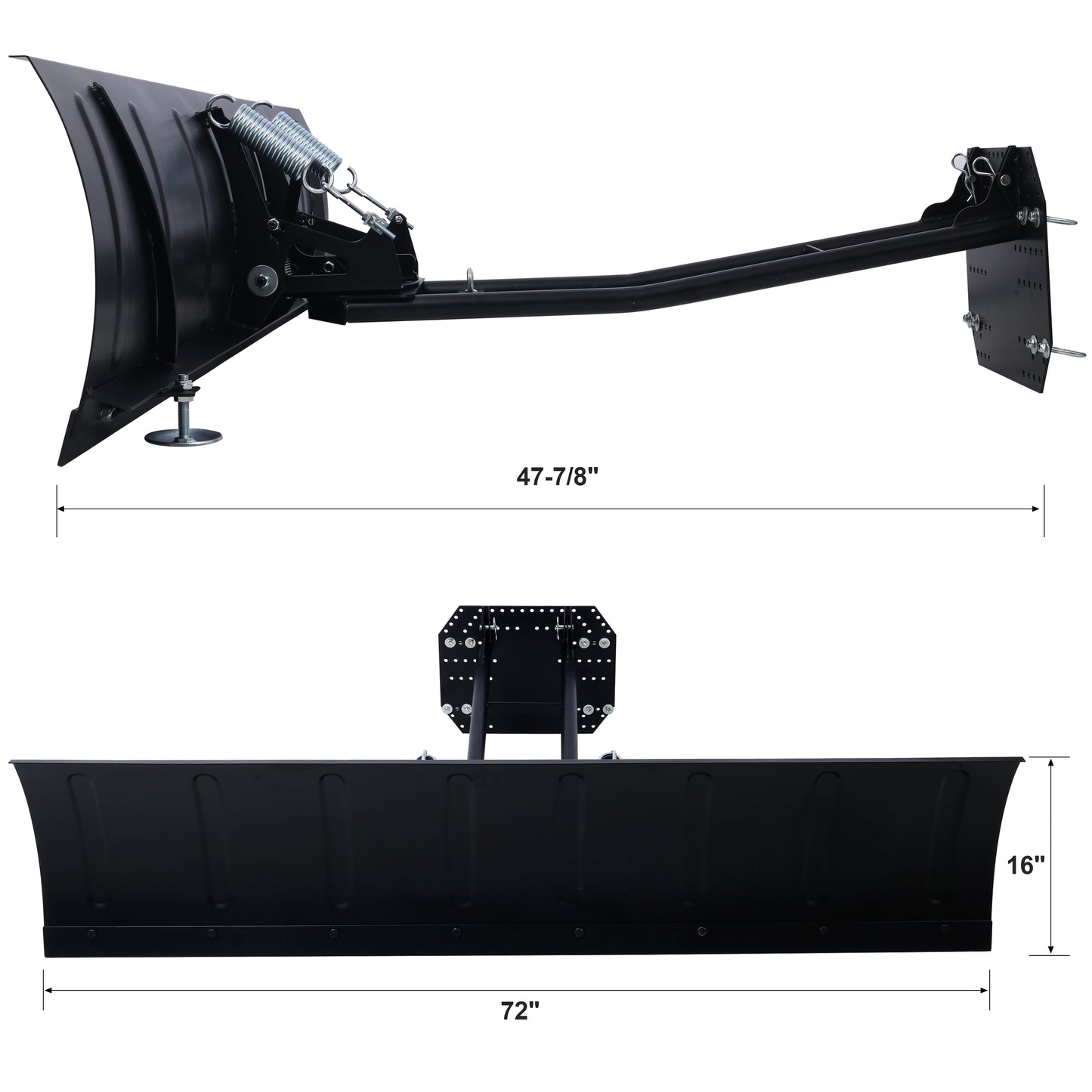 Black metal snow plow blade with adjustable height skids and spring mechanism
