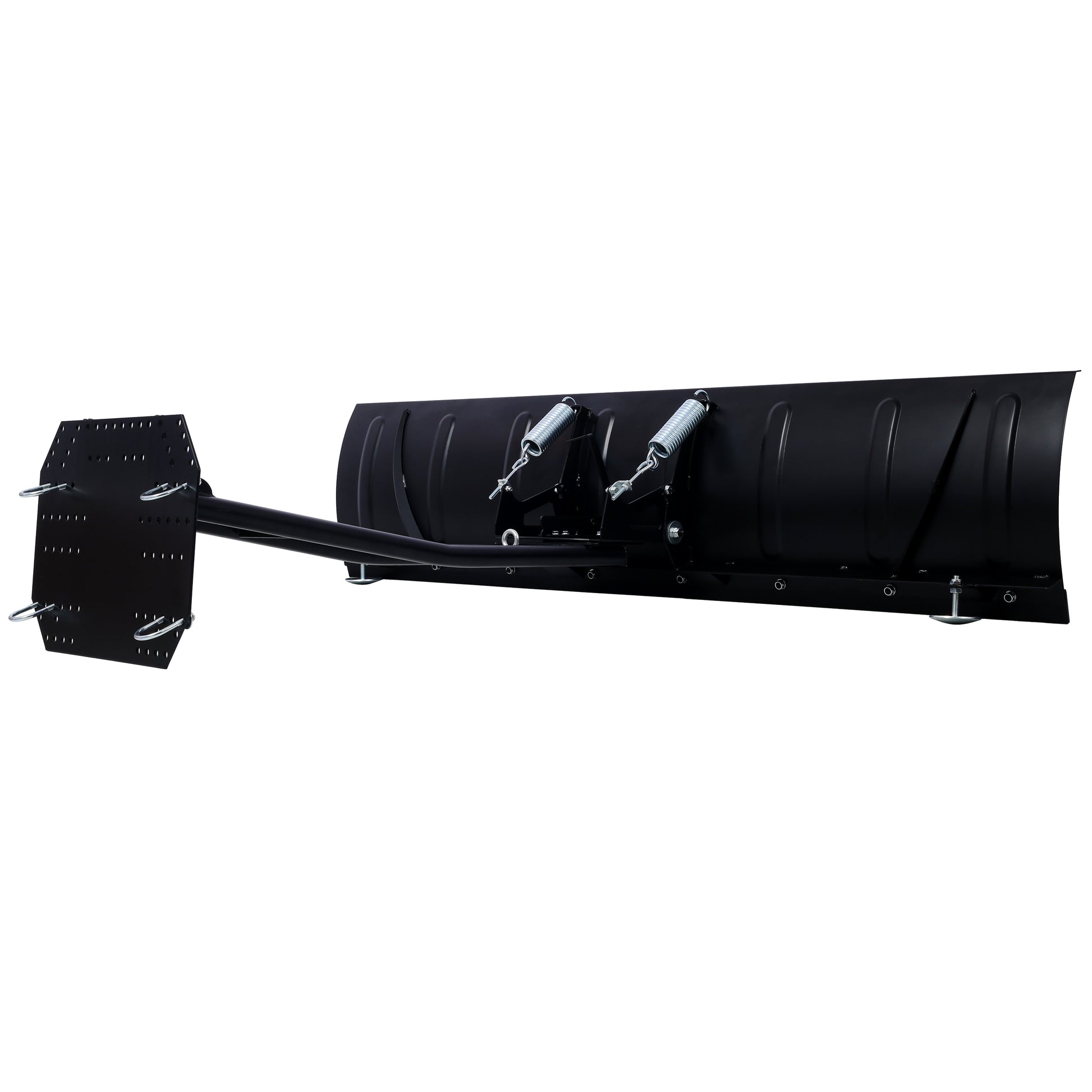 Black steel snow plow attachment with adjustable springs and mounting plate for ATVs