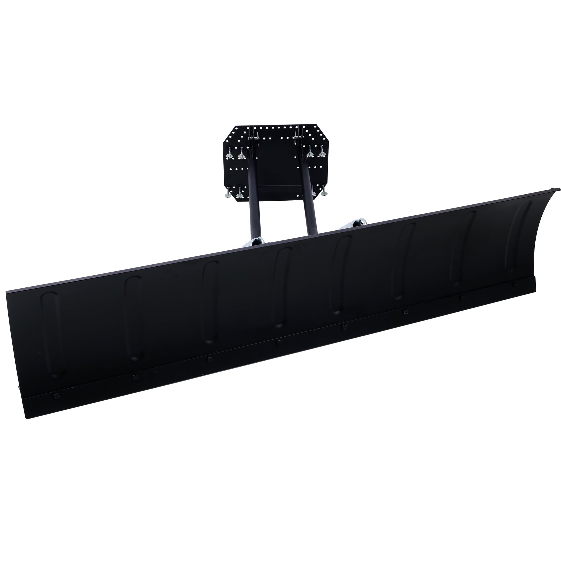 Black steel snow plow blade with a sturdy mounting bracket and springs