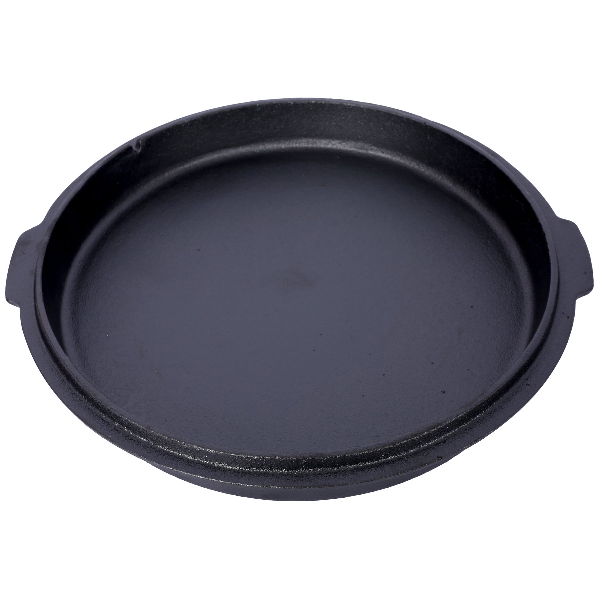 Black cast iron skillet lid with integrated loop handle perfect for trapping steam