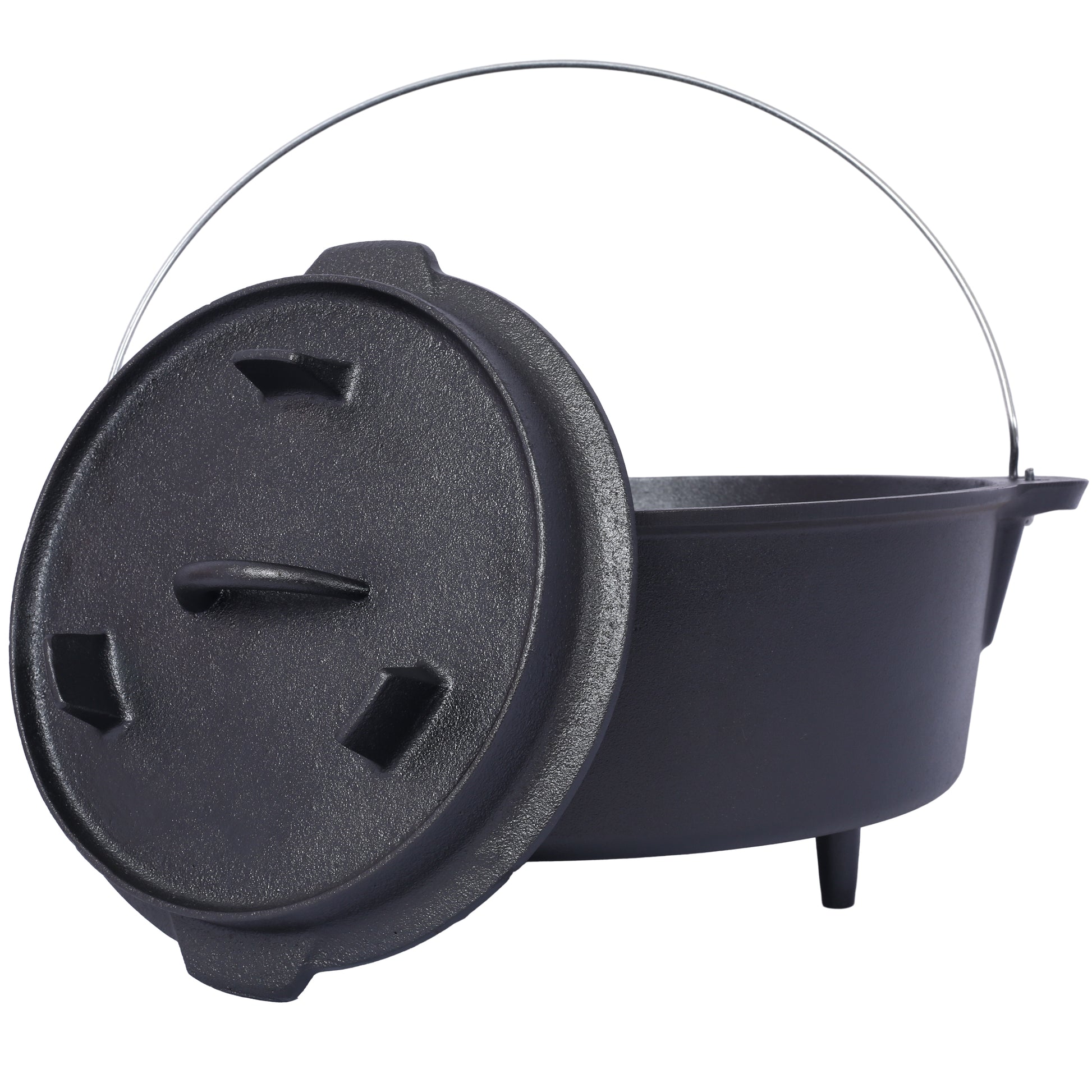 Black cast iron Dutch oven with a wire handle and lid ideal for campfire cooking