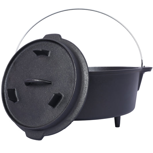 Black cast iron Dutch oven with a wire handle and lid ideal for campfire cooking