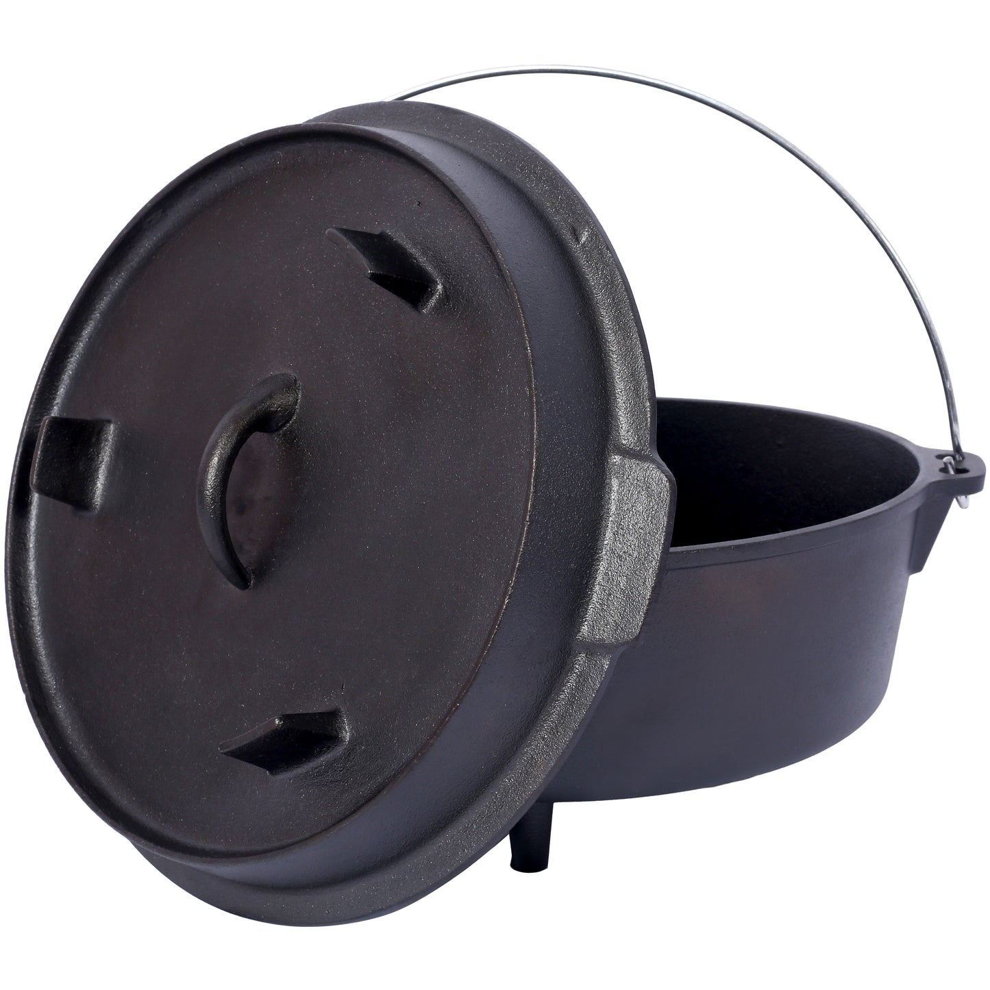 Black cast iron Dutch oven with lid open featuring a metal handle