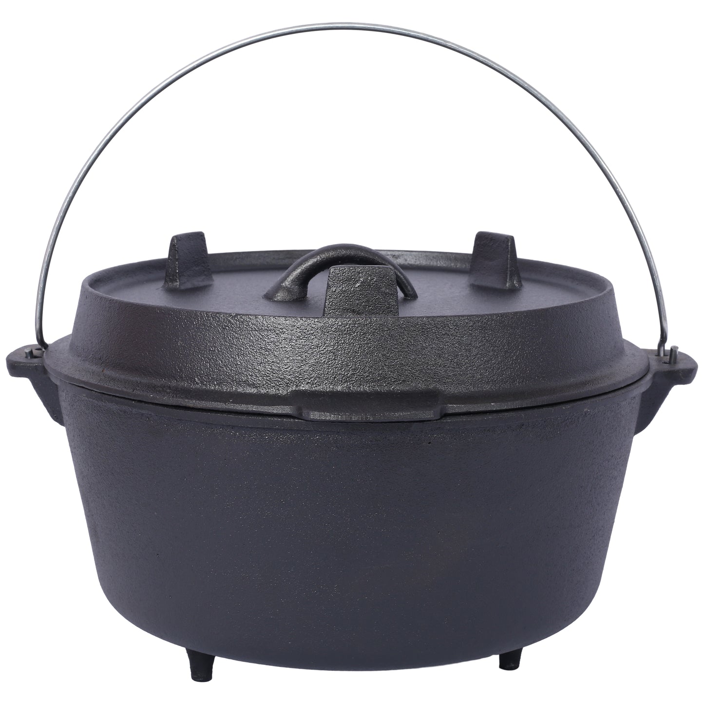 Black cast iron Dutch oven with lid and wire handle perfect for campfire cooking