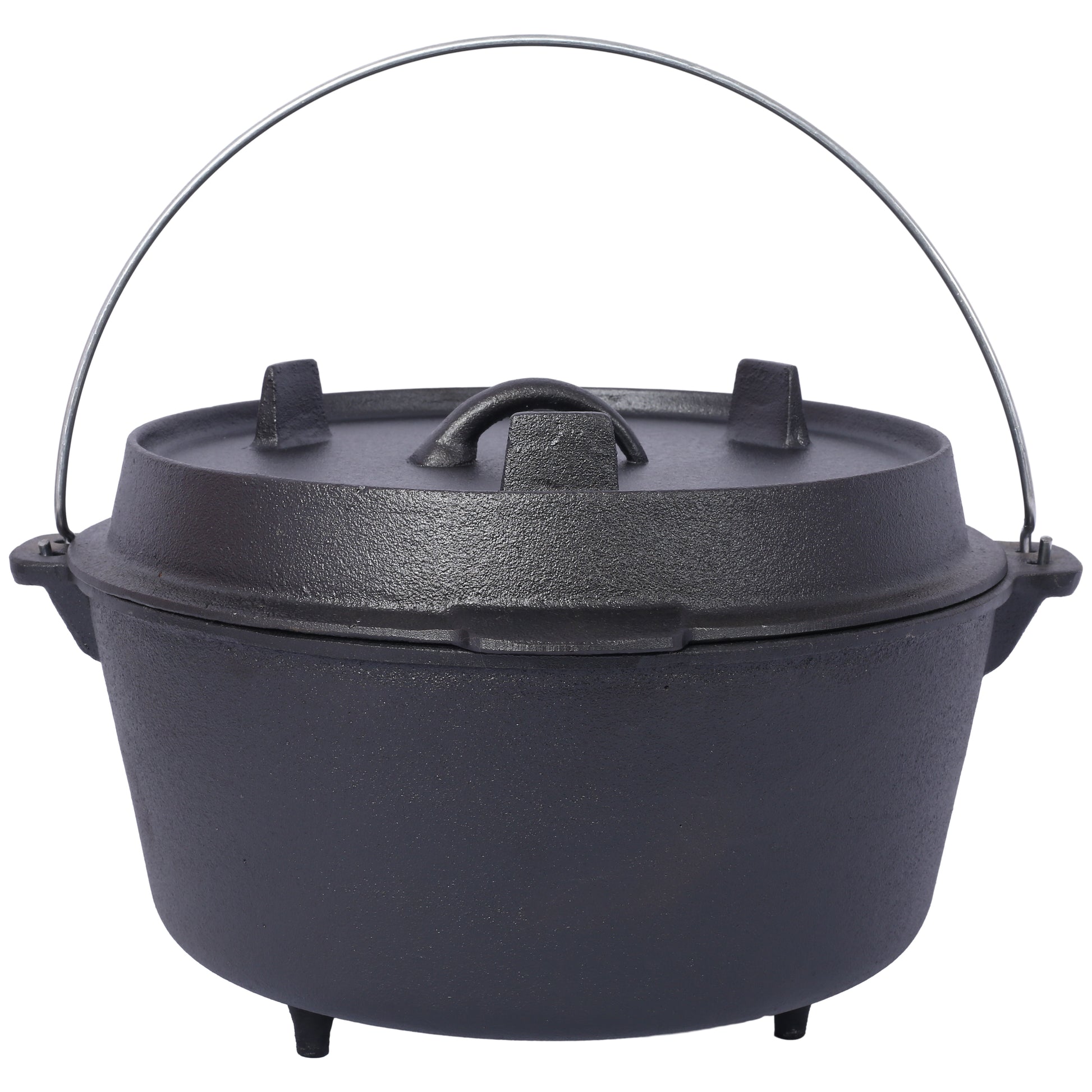 Black cast iron Dutch oven with lid and wire handle perfect for campfire cooking