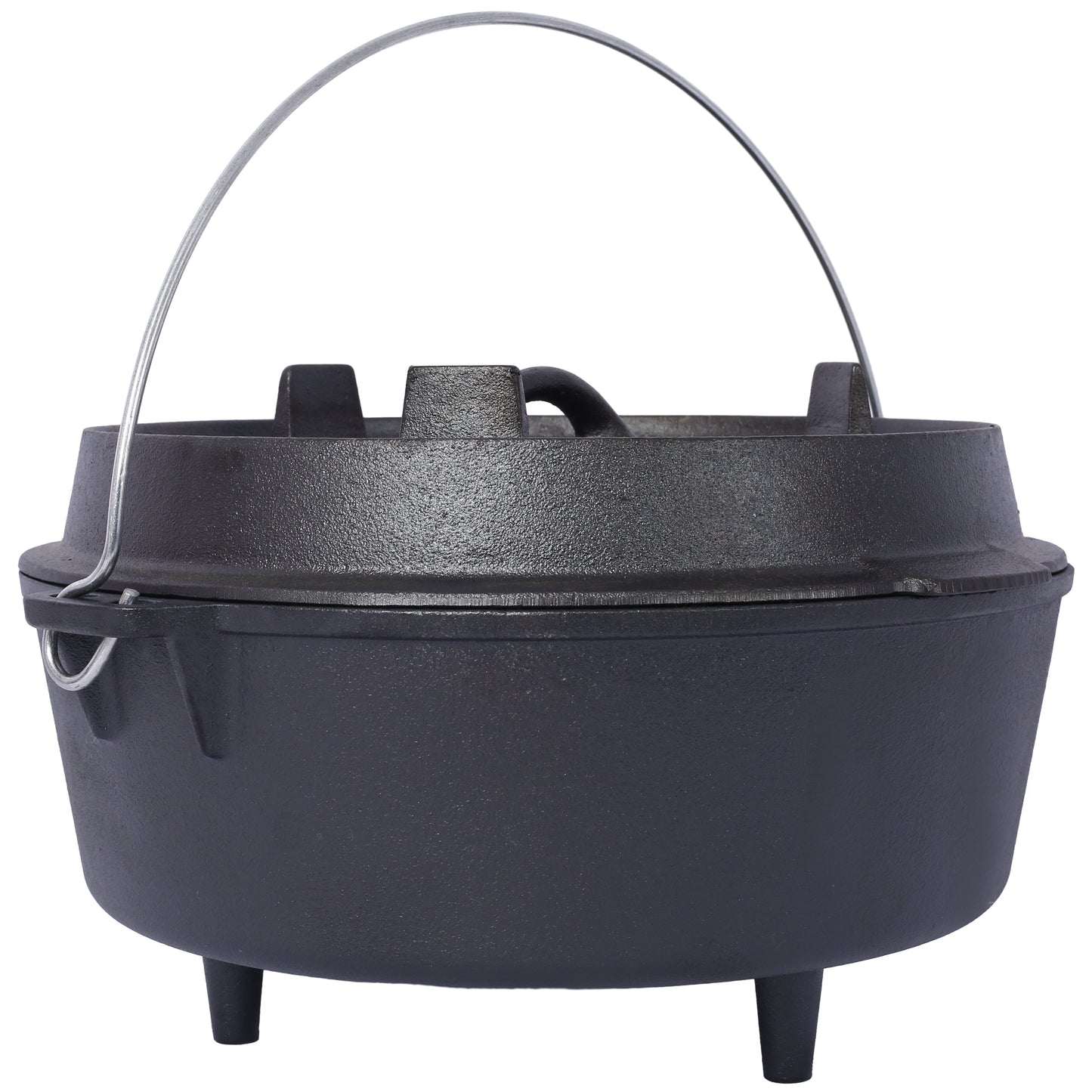 Black cast iron dutch oven with lid bail handle and three legs for outdoor cooking