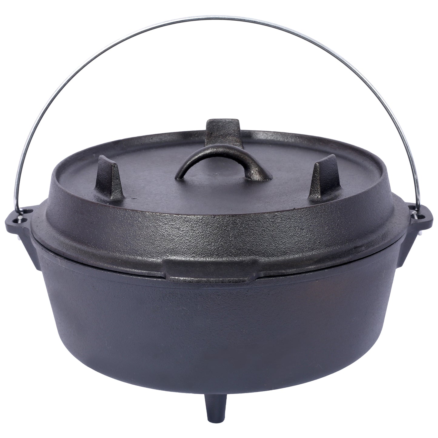 Heavy duty black cast iron dutch oven with a bail handle and three integrated legs