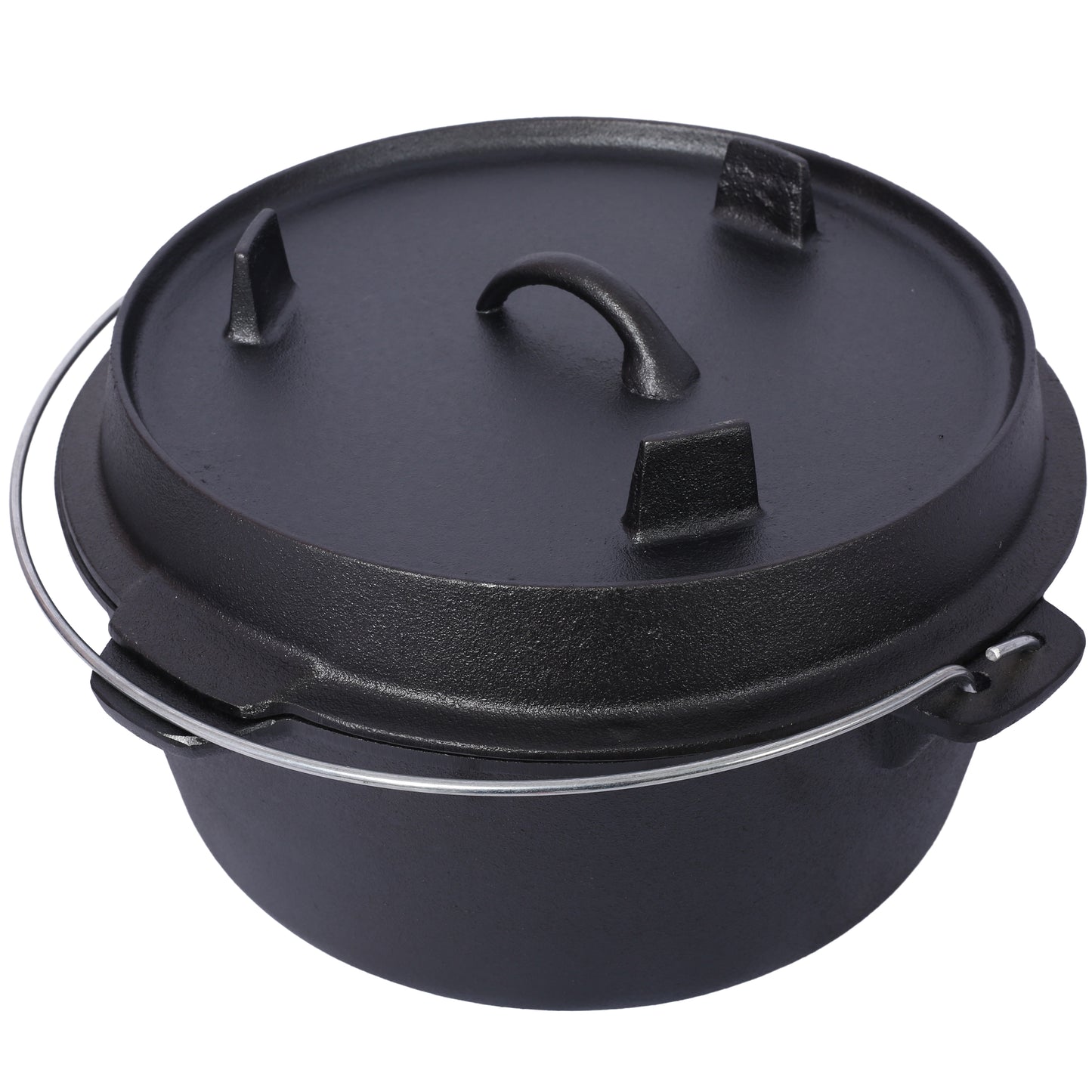 Black cast iron dutch oven with wire handle and lid featuring three raised feet
