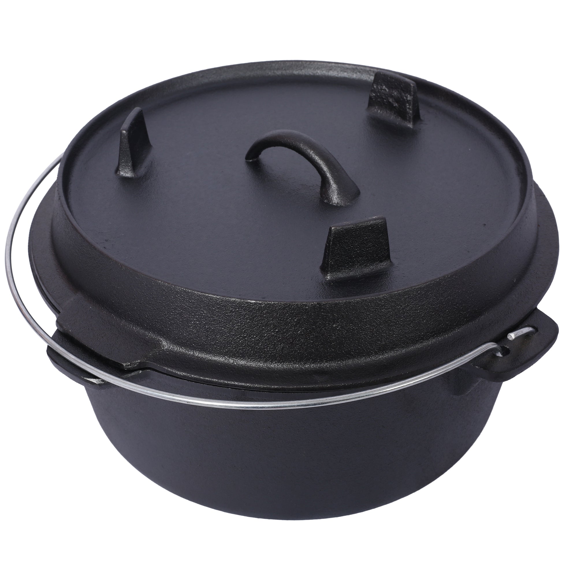 Black cast iron dutch oven with wire handle and lid featuring three raised feet