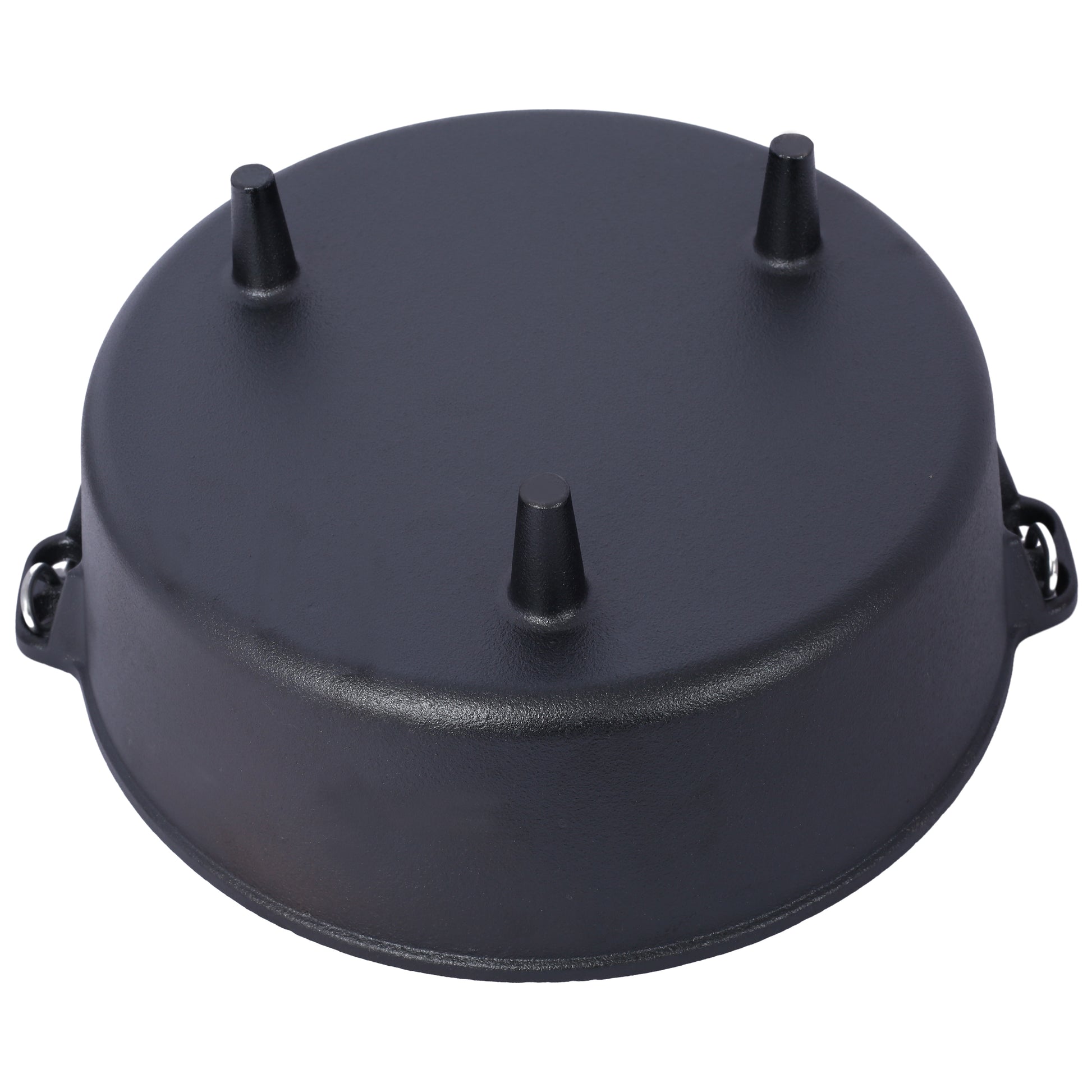 Black cast iron dutch oven lid with three legs for stable placement