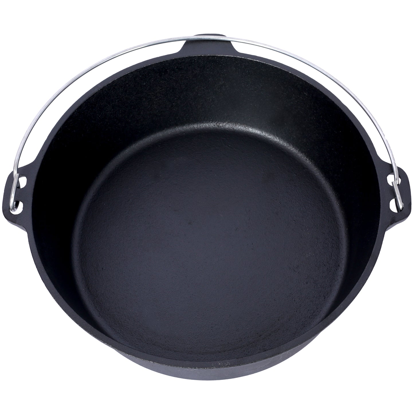 Black cast iron Dutch oven with a wire handle for versatile cooking applications