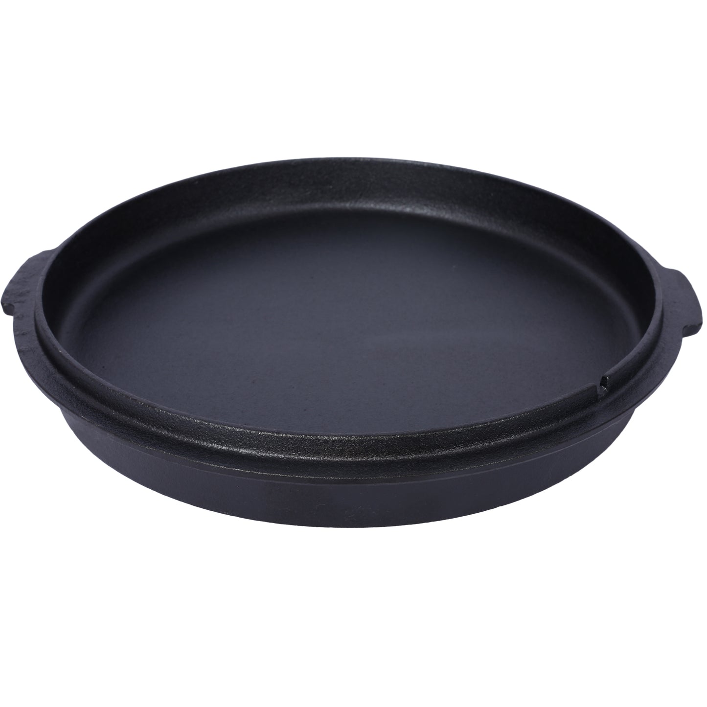 Black cast iron skillet lid with raised edge and two small handle nubs