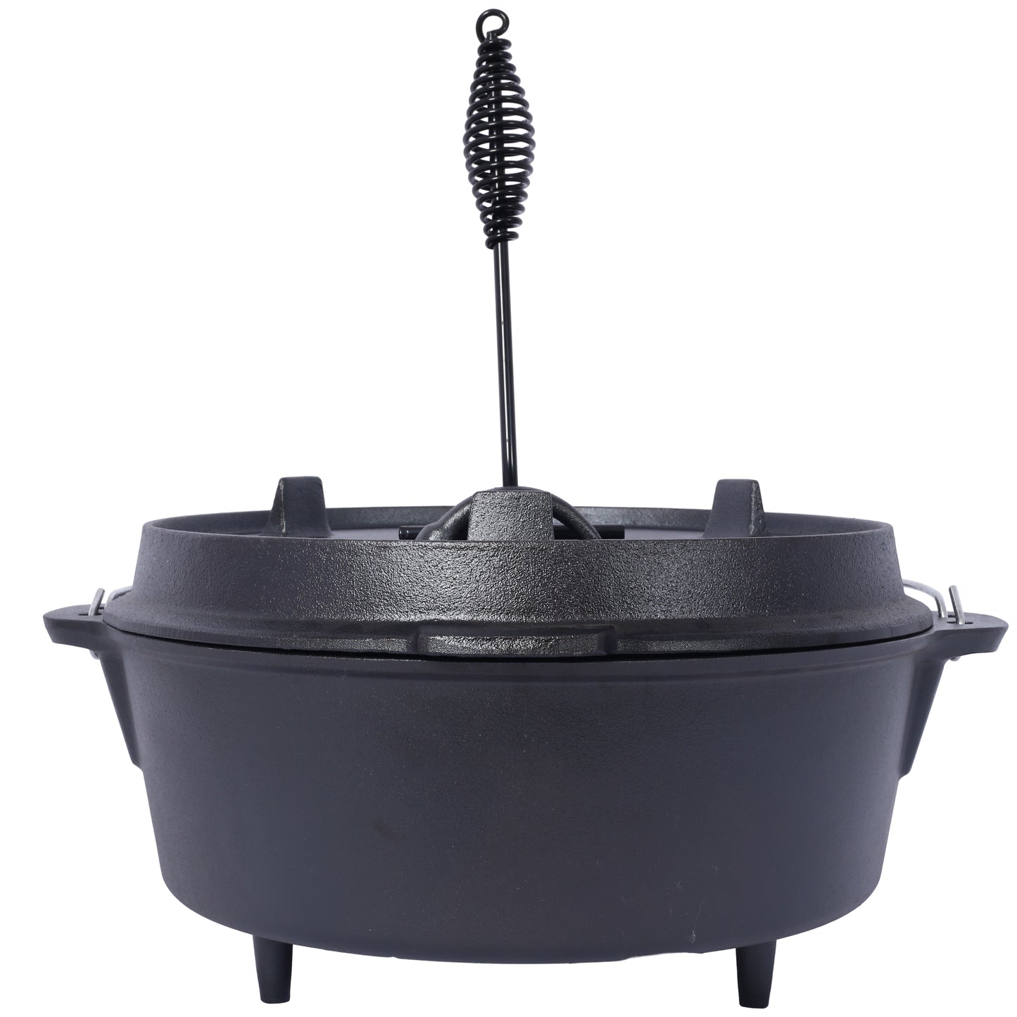 Black cast iron dutch oven with a coiled handle and three legs for campfire cooking