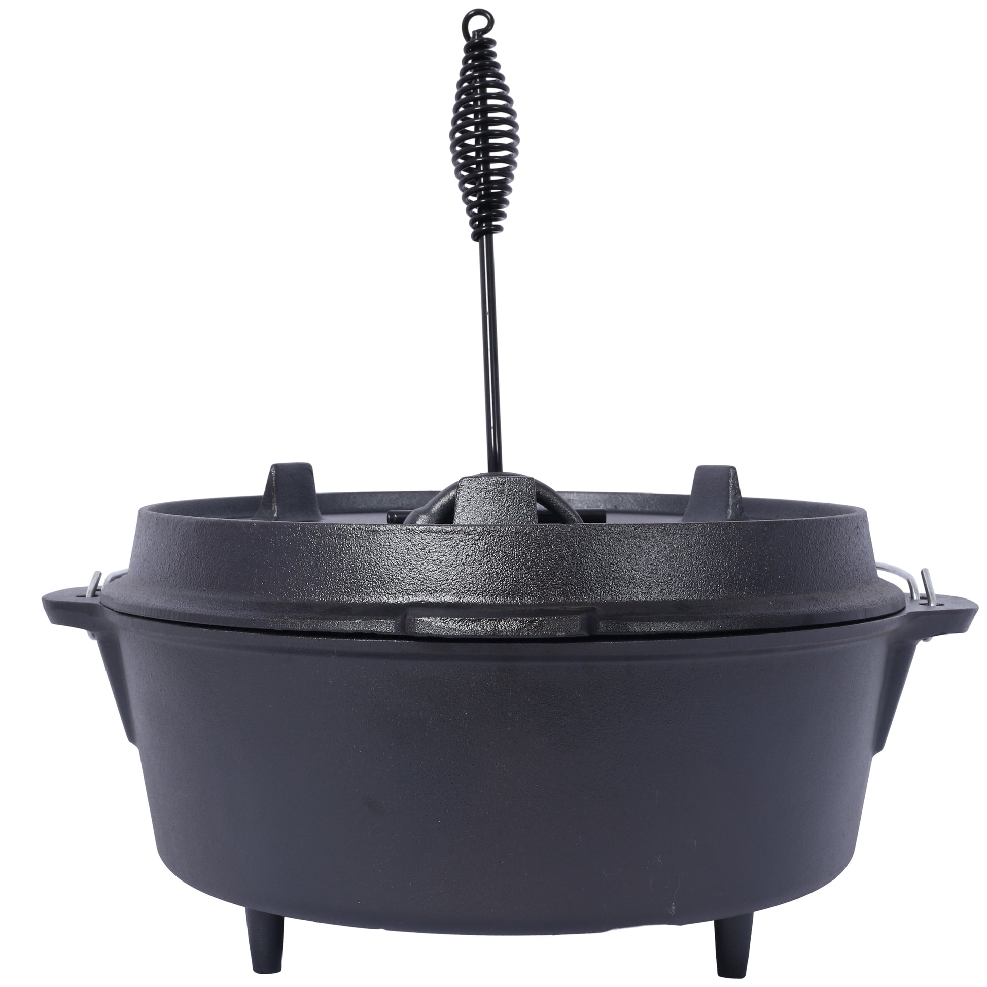 Black cast iron dutch oven with a coiled handle and three legs for campfire cooking