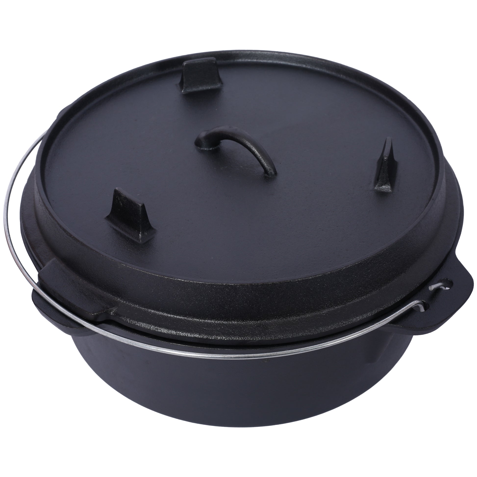 Black cast iron dutch oven with lid bail handle and three legs for outdoor cooking