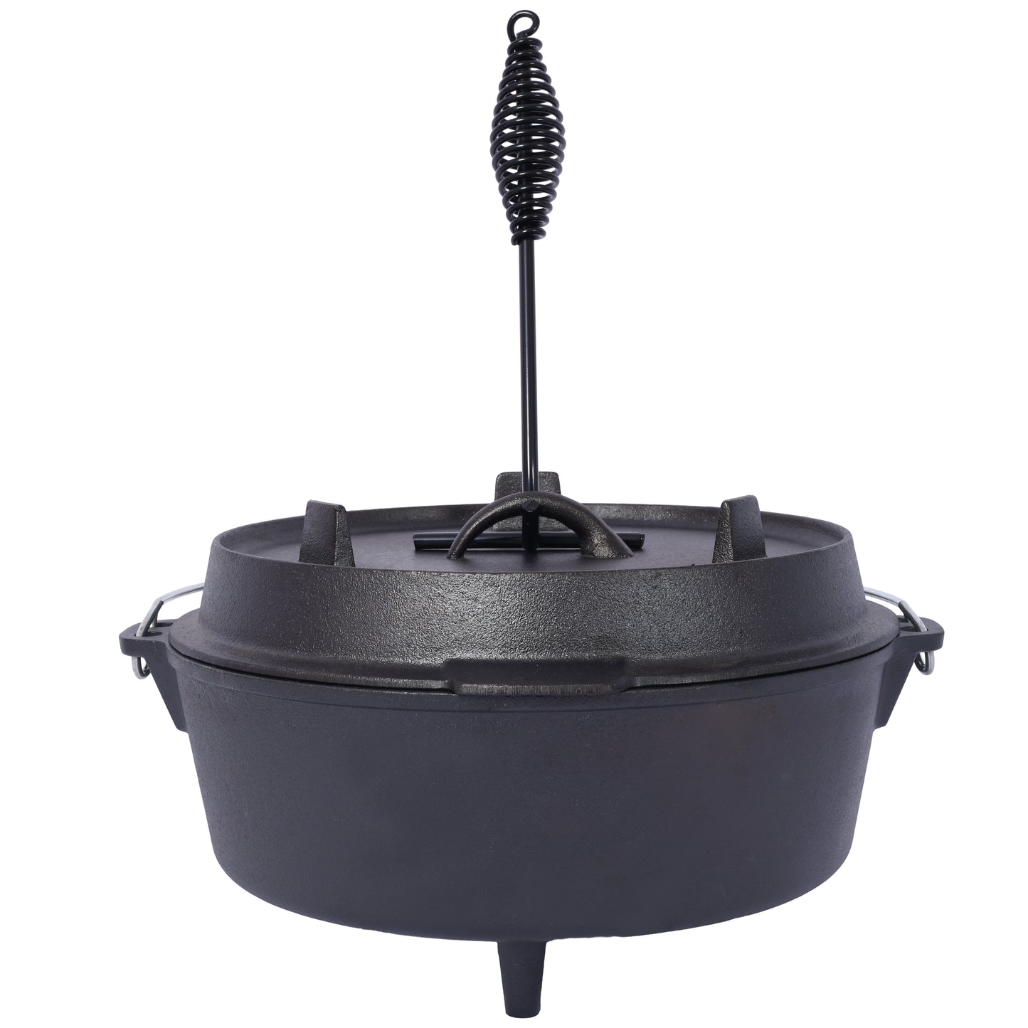Black cast iron Dutch oven with lid and spring handle for campfire cooking