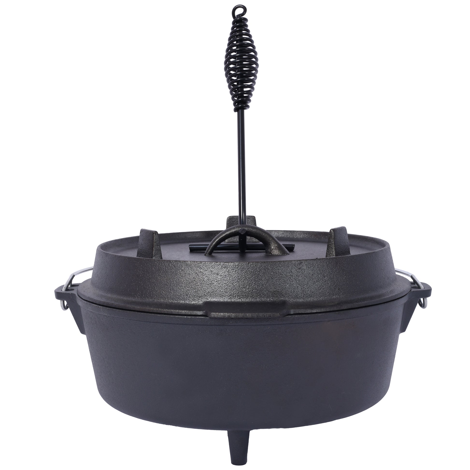 Black cast iron Dutch oven with lid and spring handle for campfire cooking