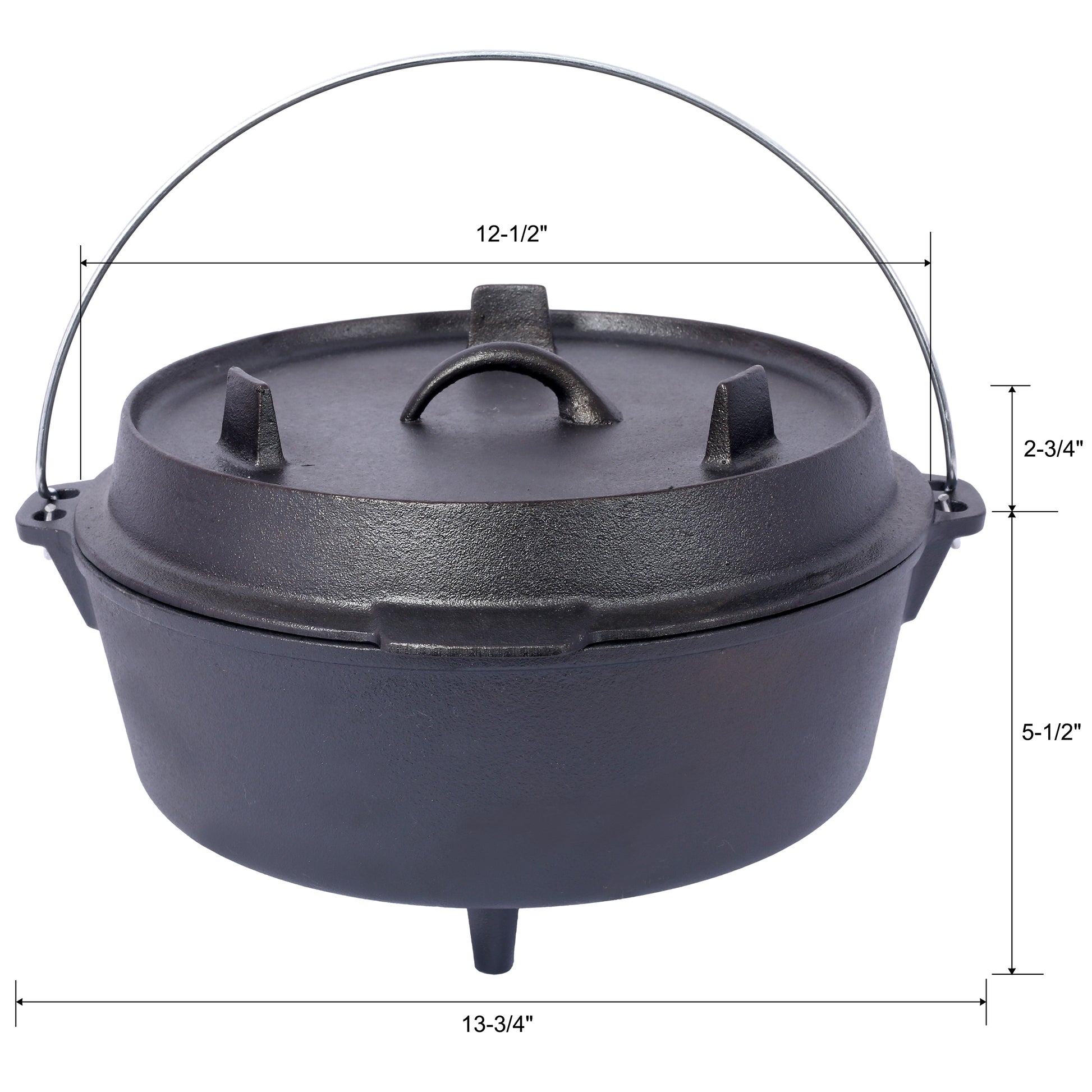 Black cast iron dutch oven with lid and handle ideal for campfire cooking