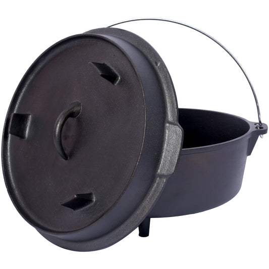 Heavy duty black cast iron Dutch oven with lid ideal for campfire cooking