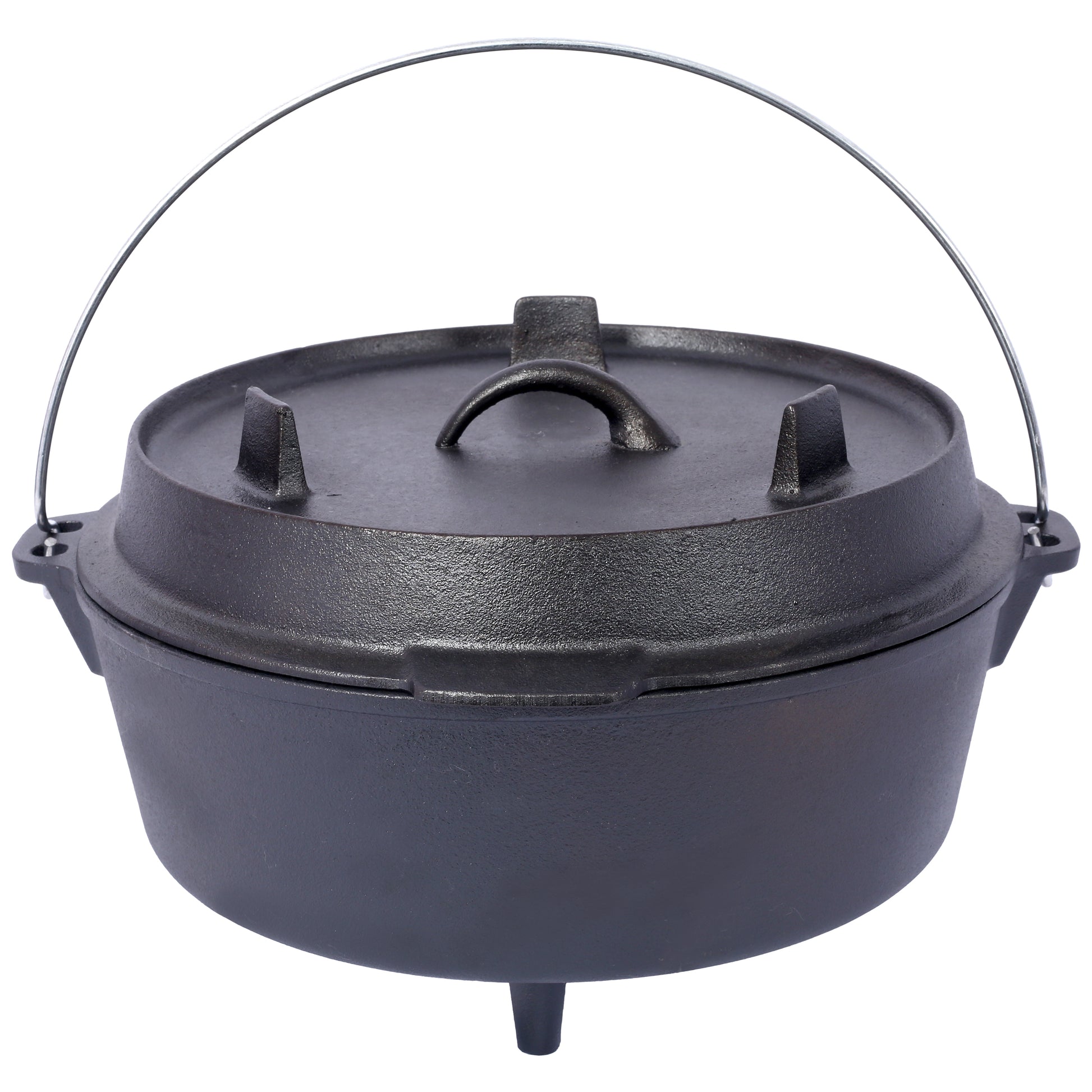Black cast iron Dutch oven with a wire handle and three legs for camping