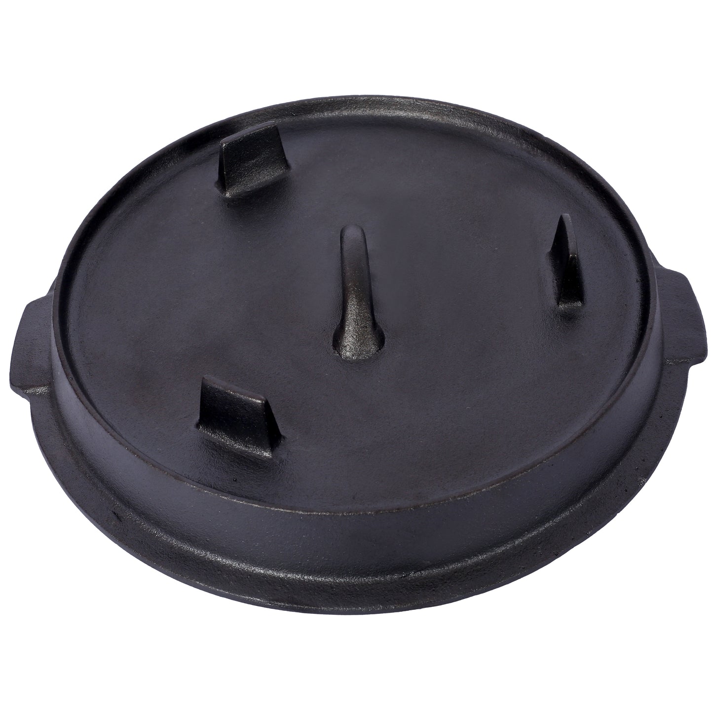 Black cast iron Dutch oven lid with three raised feet and a central handle for camp cooking