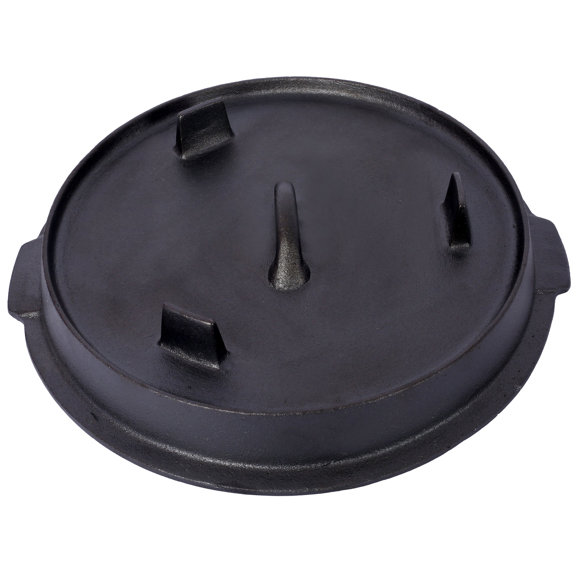 Black cast iron Dutch oven lid with three raised feet and a central handle for camp cooking