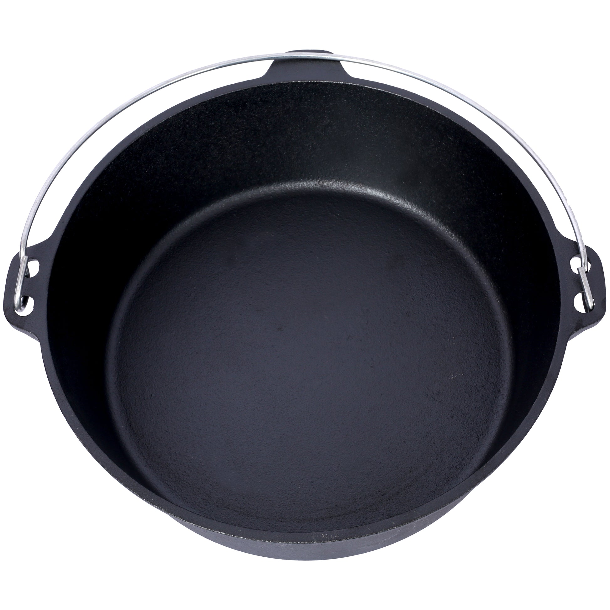 Top view of a black cast iron dutch oven with a silver wire handle