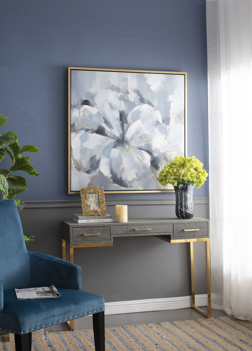 Abstract floral wall art with grey and white brushstrokes and gold frame