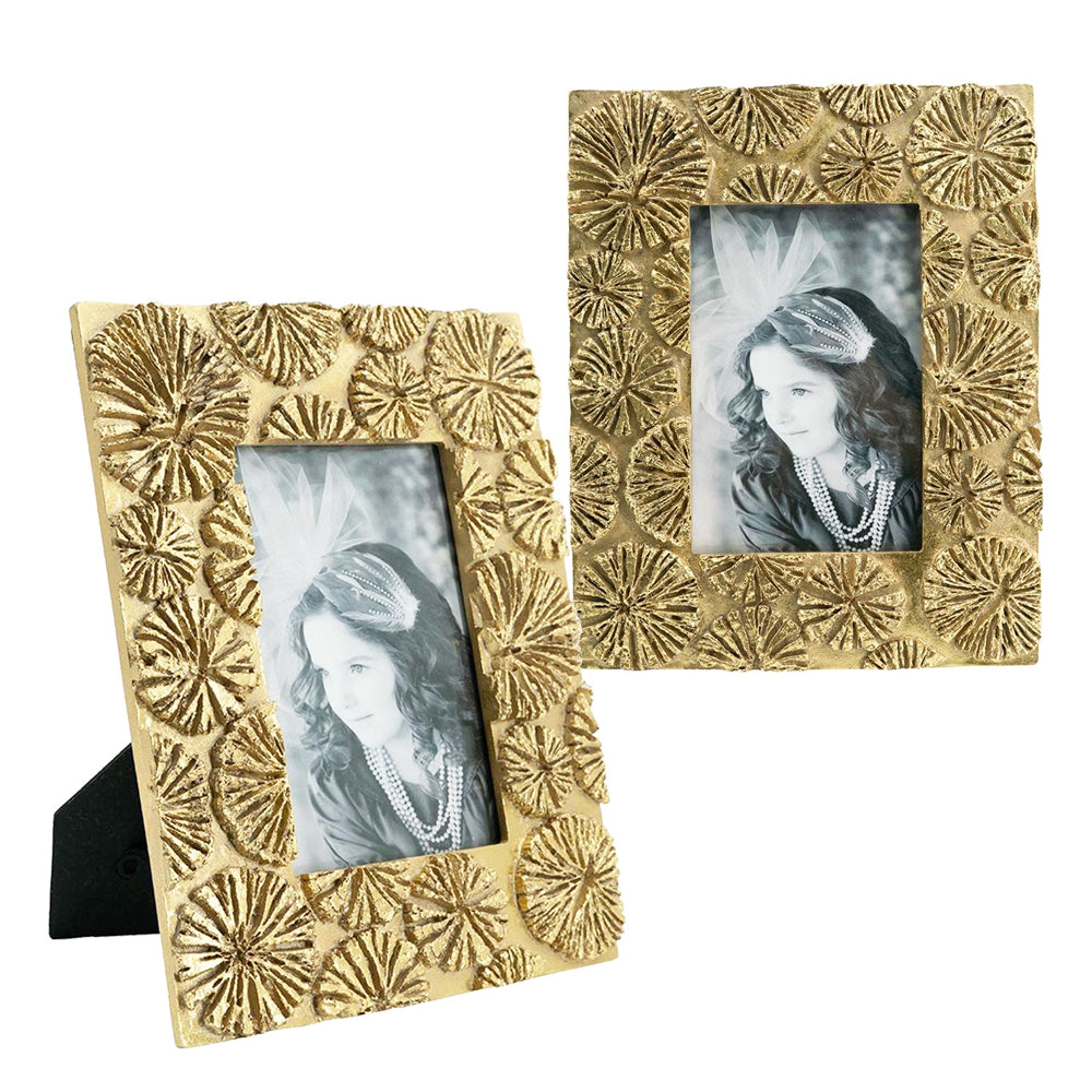 Textured gold photo frame with sunburst design perfect for tabletop display
