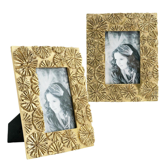 Textured gold photo frame with sunburst design perfect for tabletop display