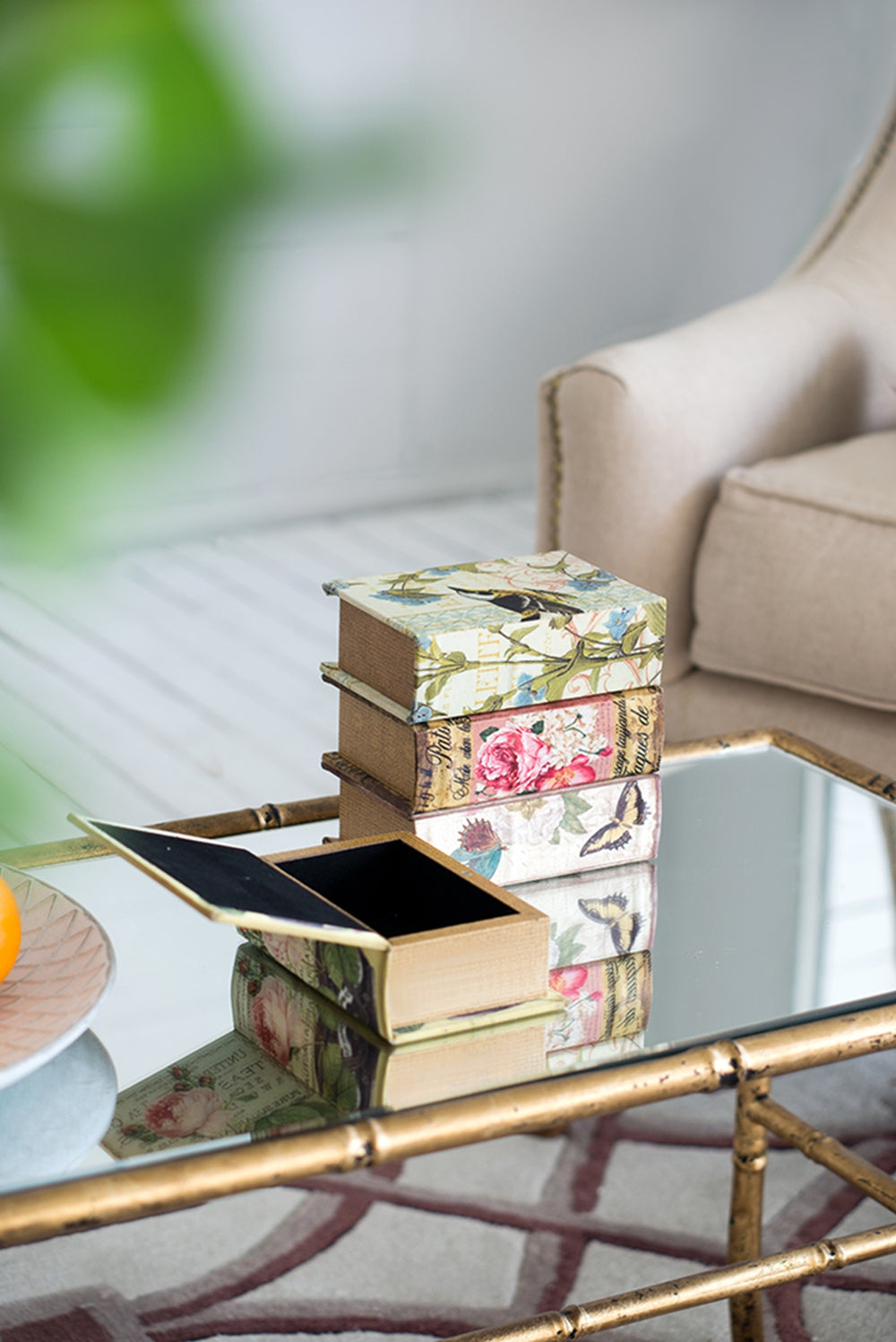 Decorative book box with floral and bird print perfect for antique decor