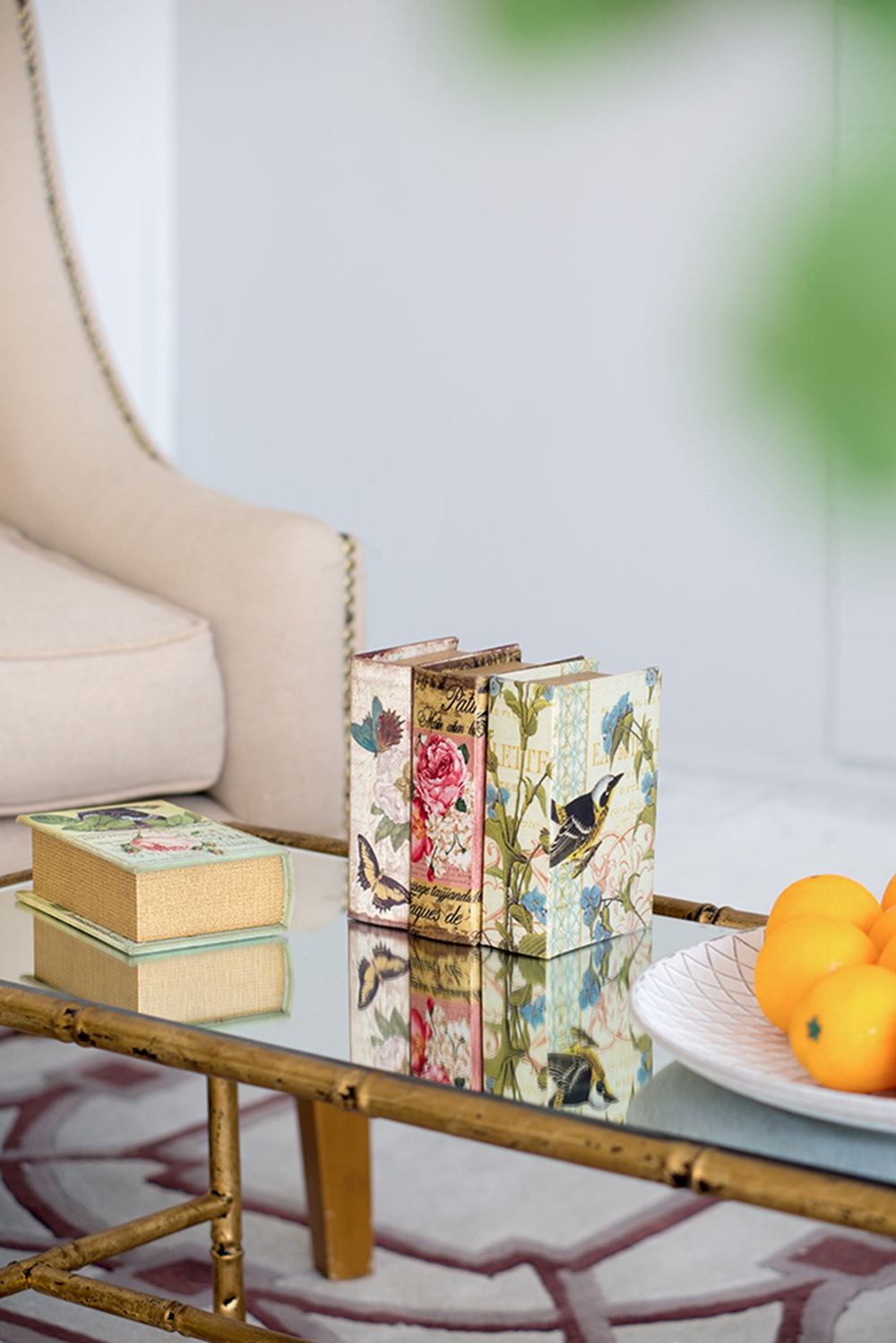 Set of  decorative antique book boxes with floral and bird print