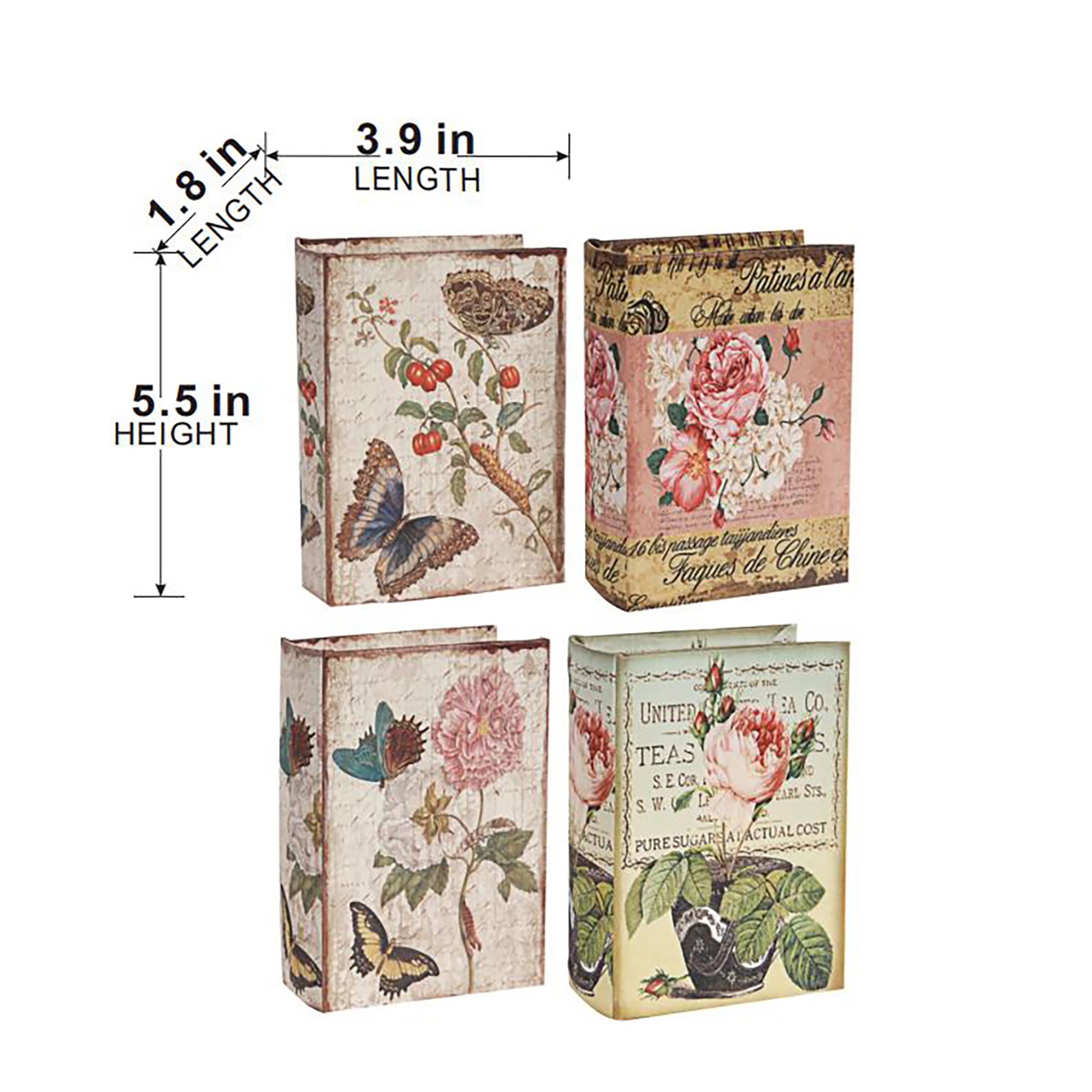 Four decorative storage boxes with vintage floral and butterfly prints