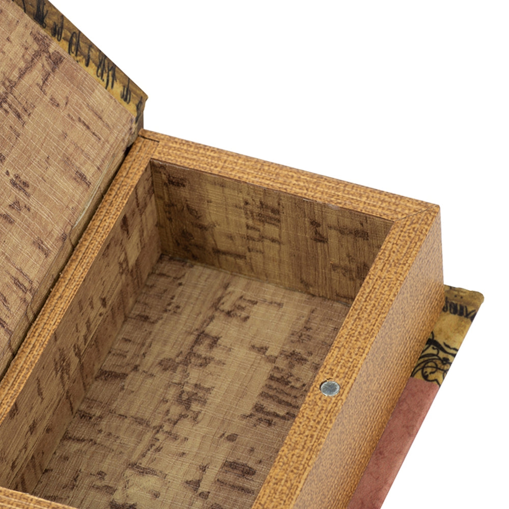 Antique book box with a distressed woodgrain interior perfect for secret storage