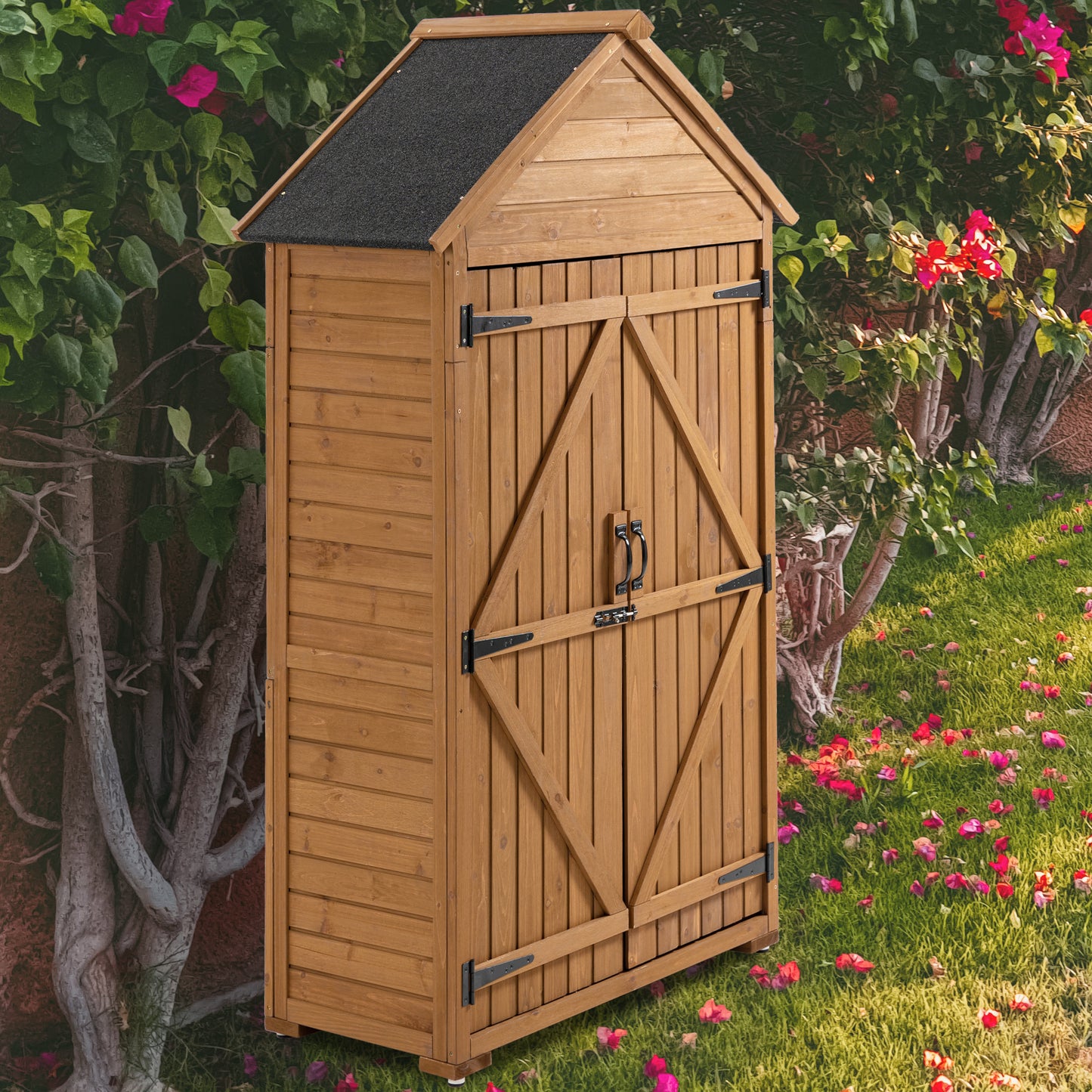 Wooden garden shed with pitched roof and double doors ideal for storage