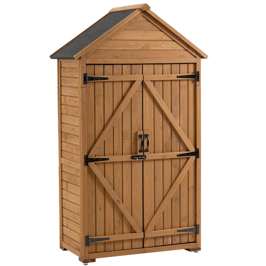 Wooden garden shed with peaked roof and double doors offering outdoor storage solutions