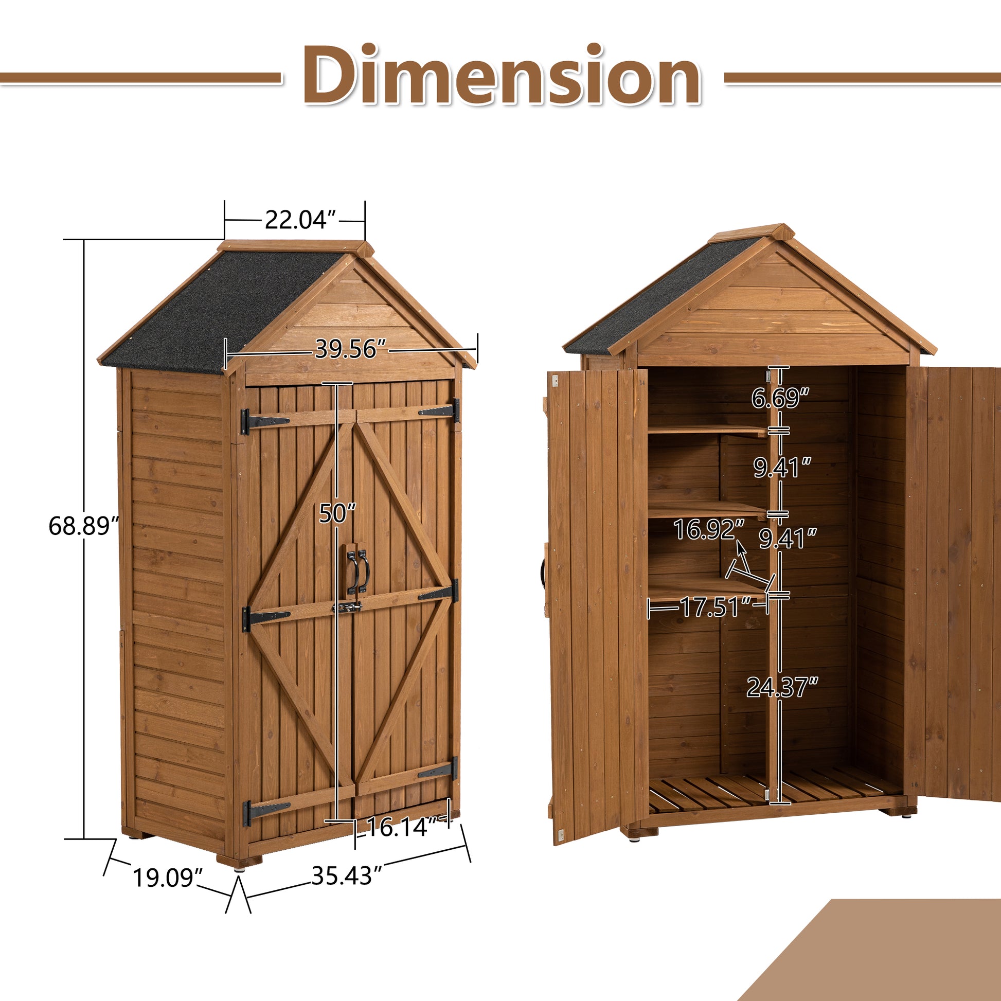 Wooden storage shed with dual doors and internal shelves dimensions shown