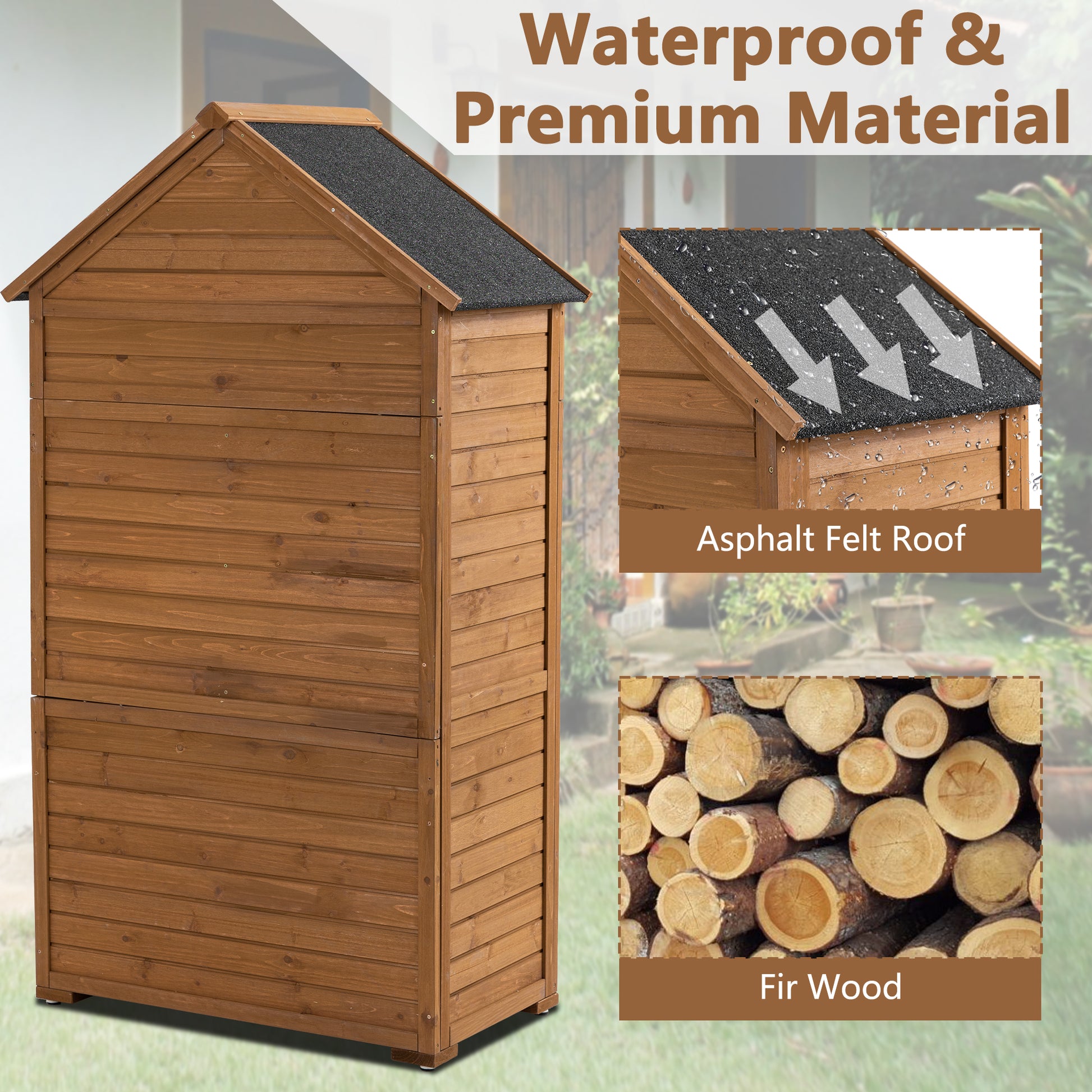 Wooden garden storage shed with asphalt felt roof