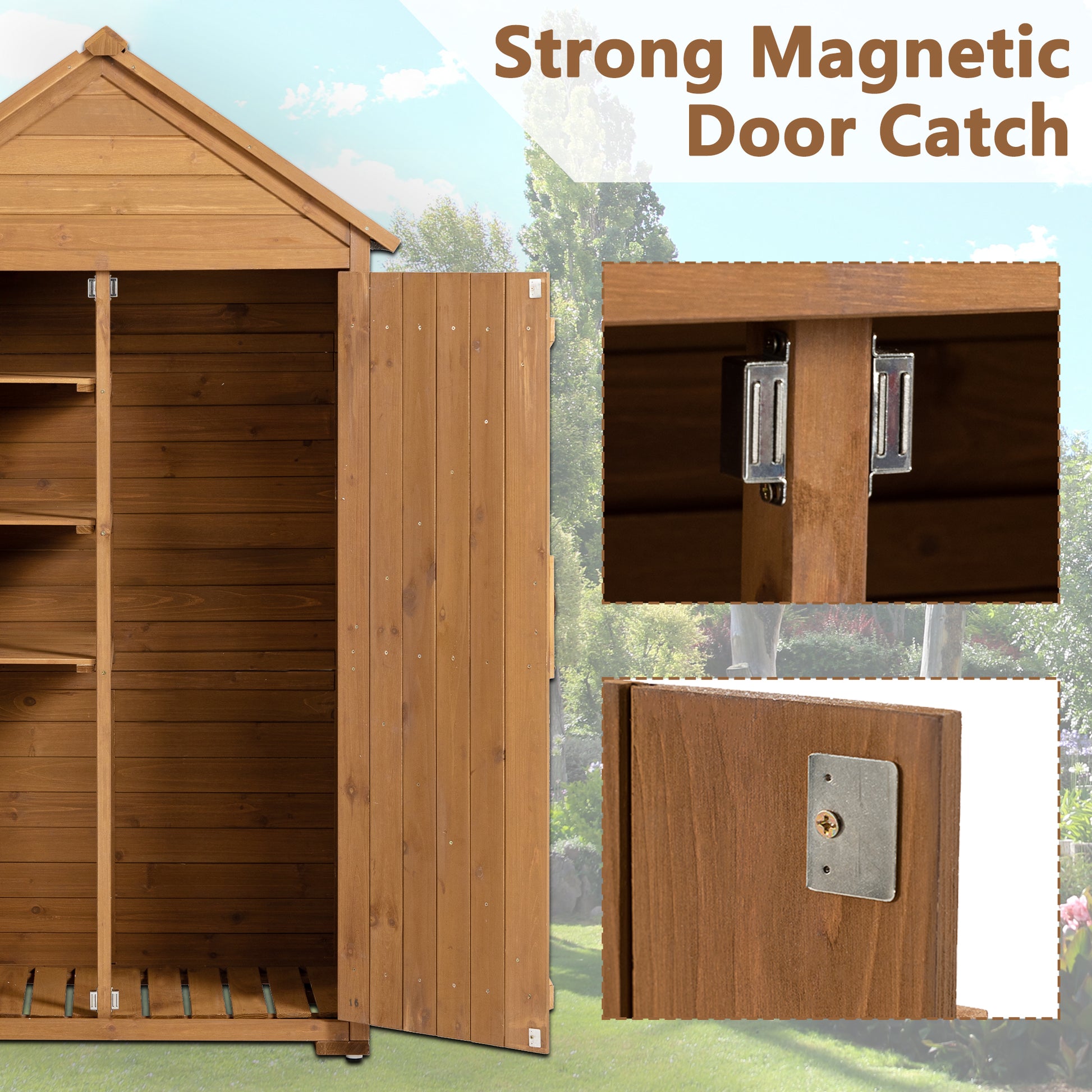 Wooden shed with open door revealing interior shelves and a strong magnetic door catch mechanism