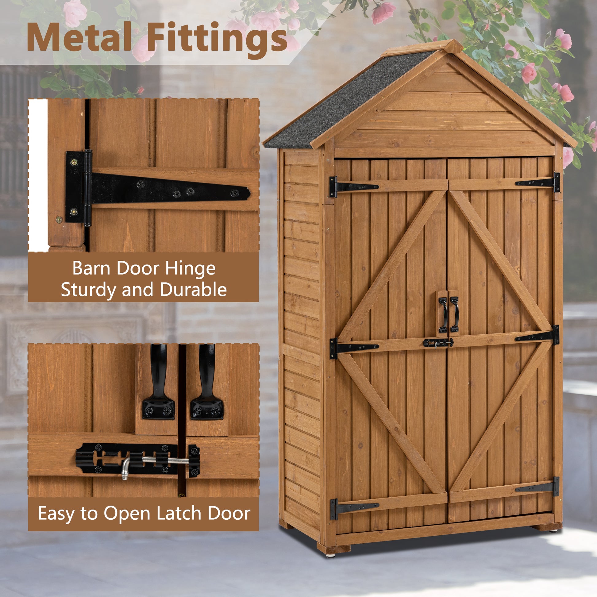 Wooden garden shed with black metal barn door hinges featuring a sturdy latch