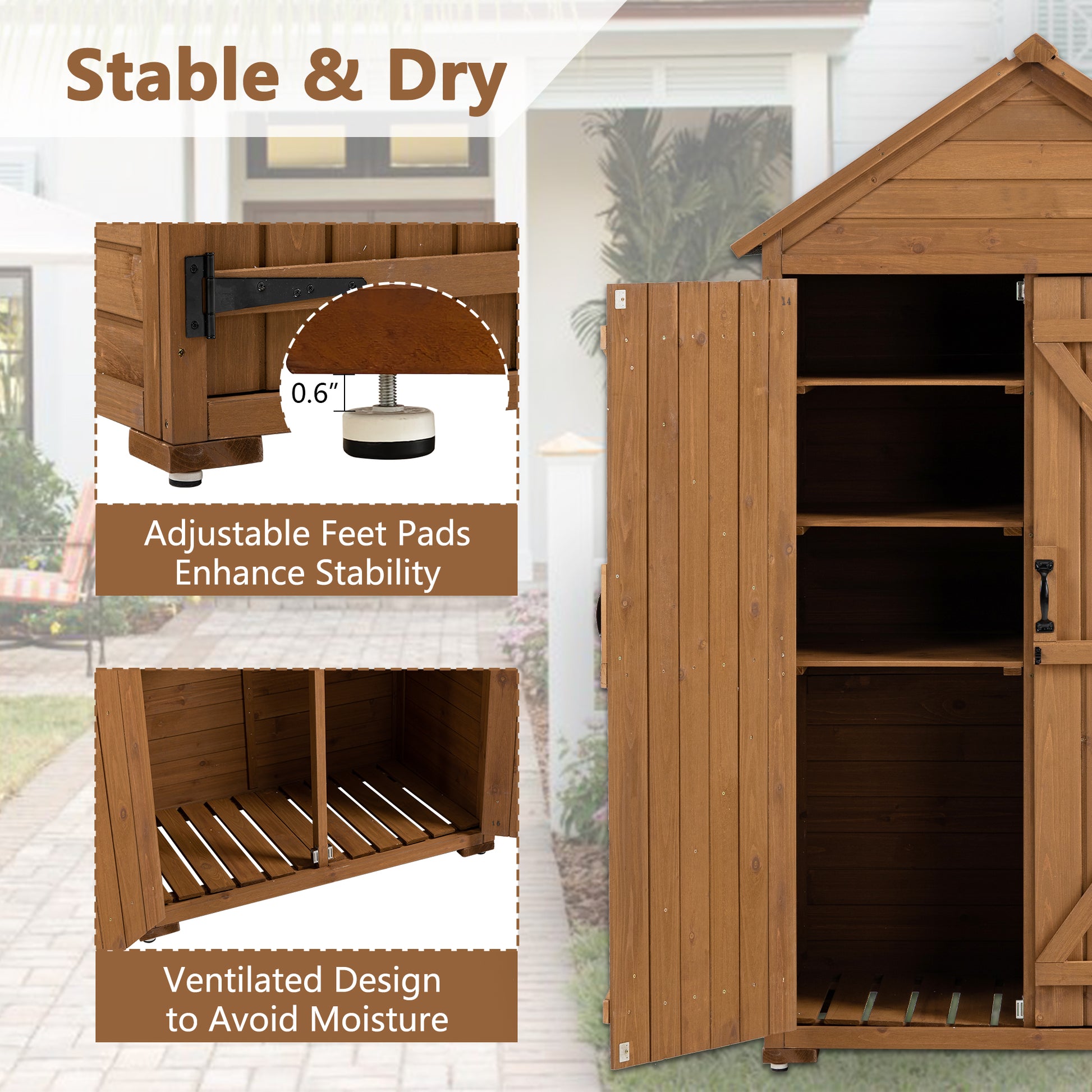 Brown wooden garden shed with double doors and adjustable feet for stability