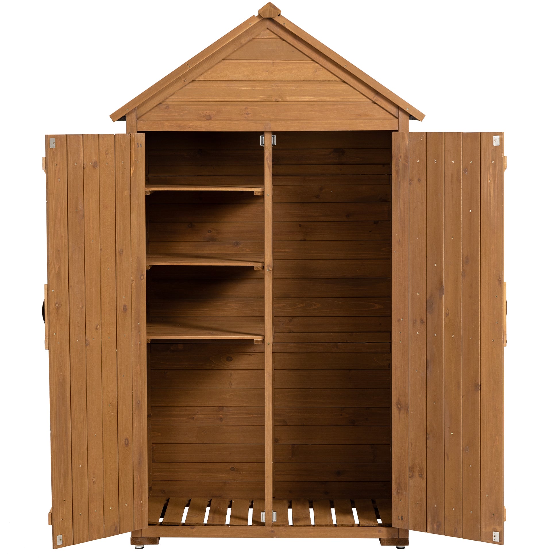 Tall wooden garden storage shed with open doors and interior shelves for outdoor organization