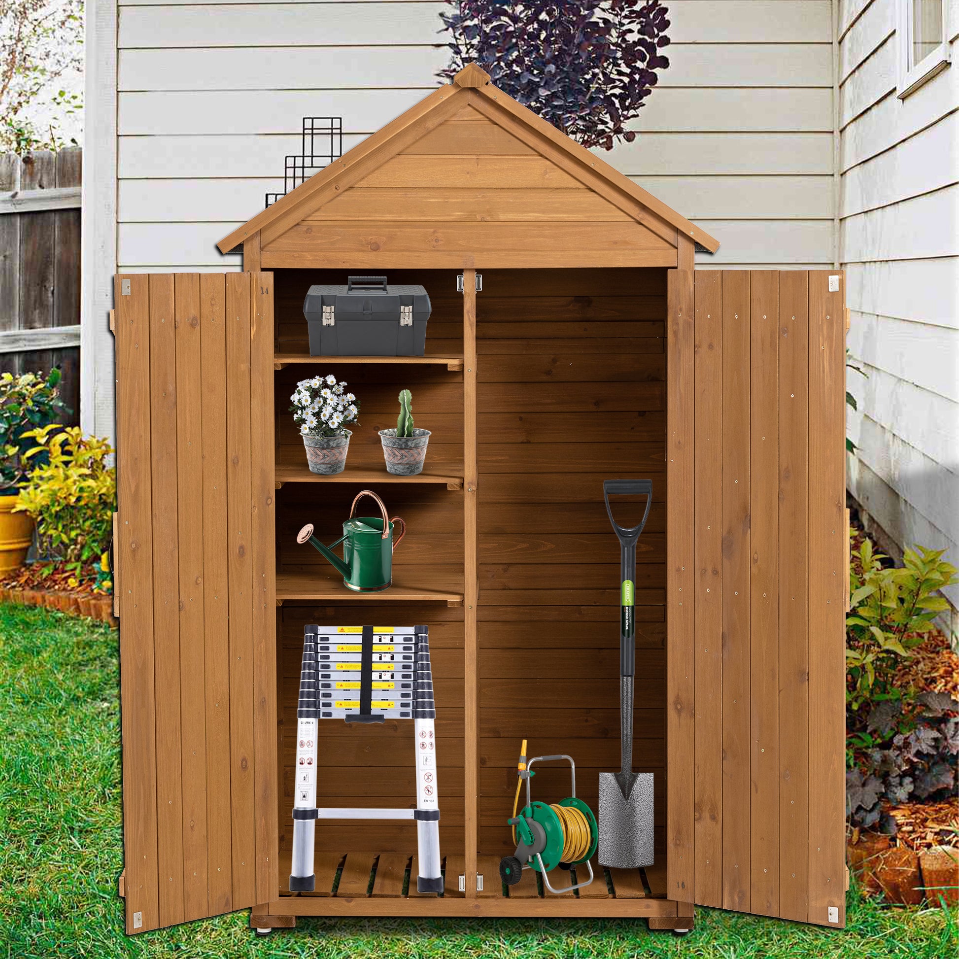 Wooden garden shed featuring a grey toolbox on the top shelf