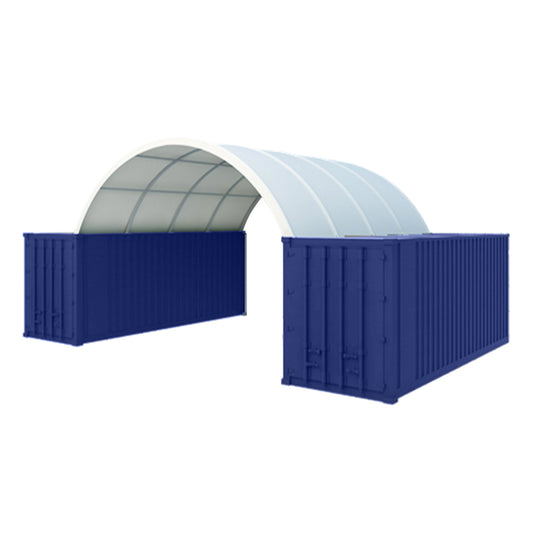 Blue shipping container shelter with white fabric roof ideal for temporary storage solutions