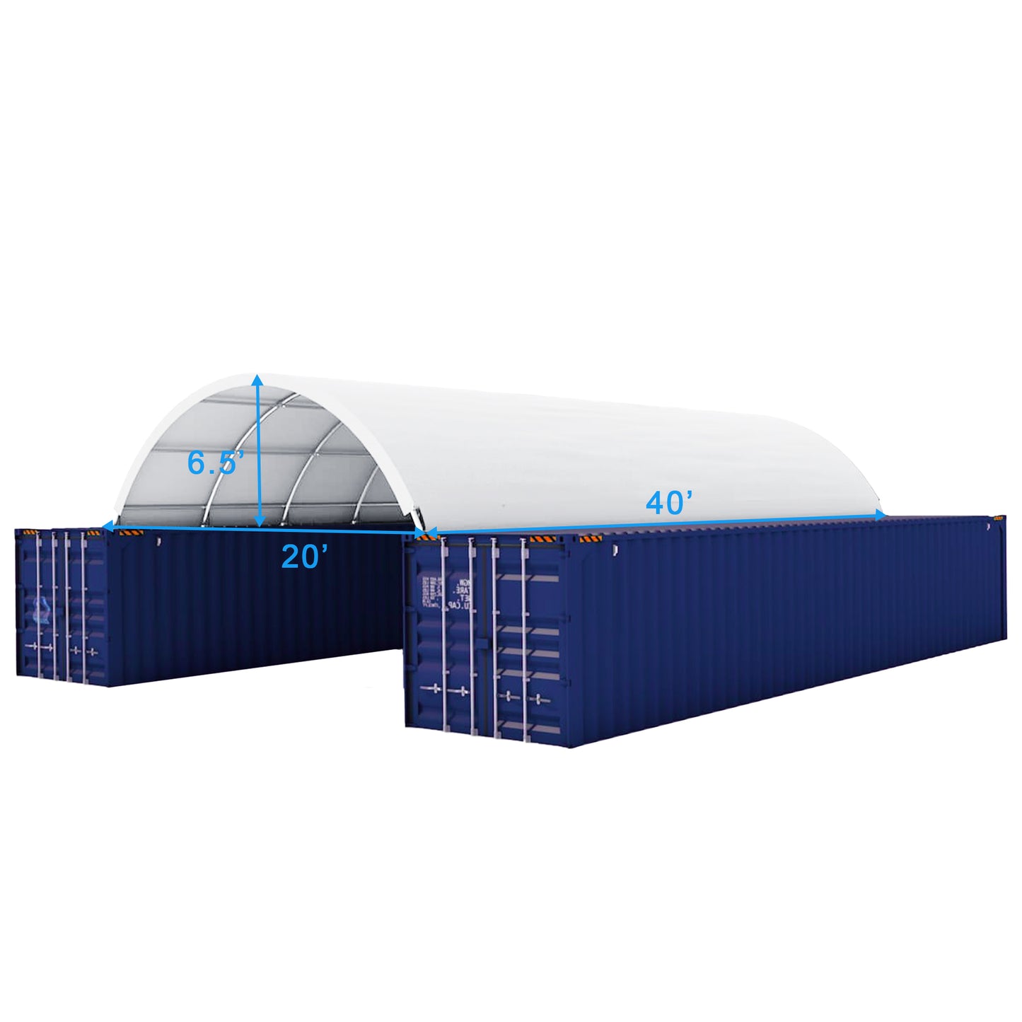 White arched portable shelter with dimensions  L x  W x  H mounted on shipping containers