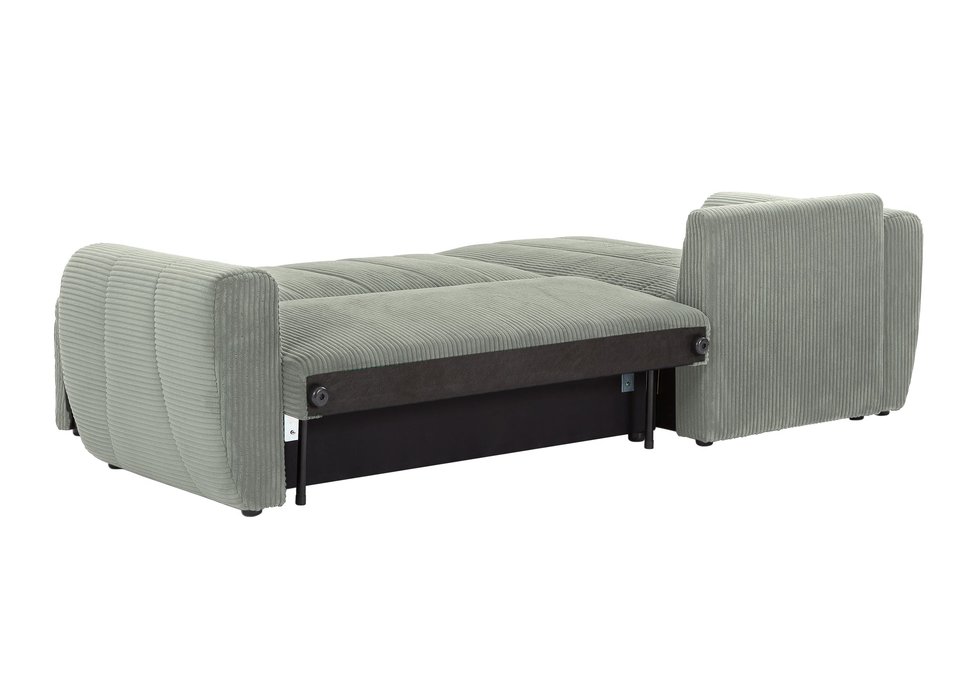 Grey corduroy sofa bed partially unfolded showing hidden storage compartment