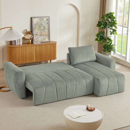 Sage green corduroy sectional sofa convertible to a bed with plush cushions